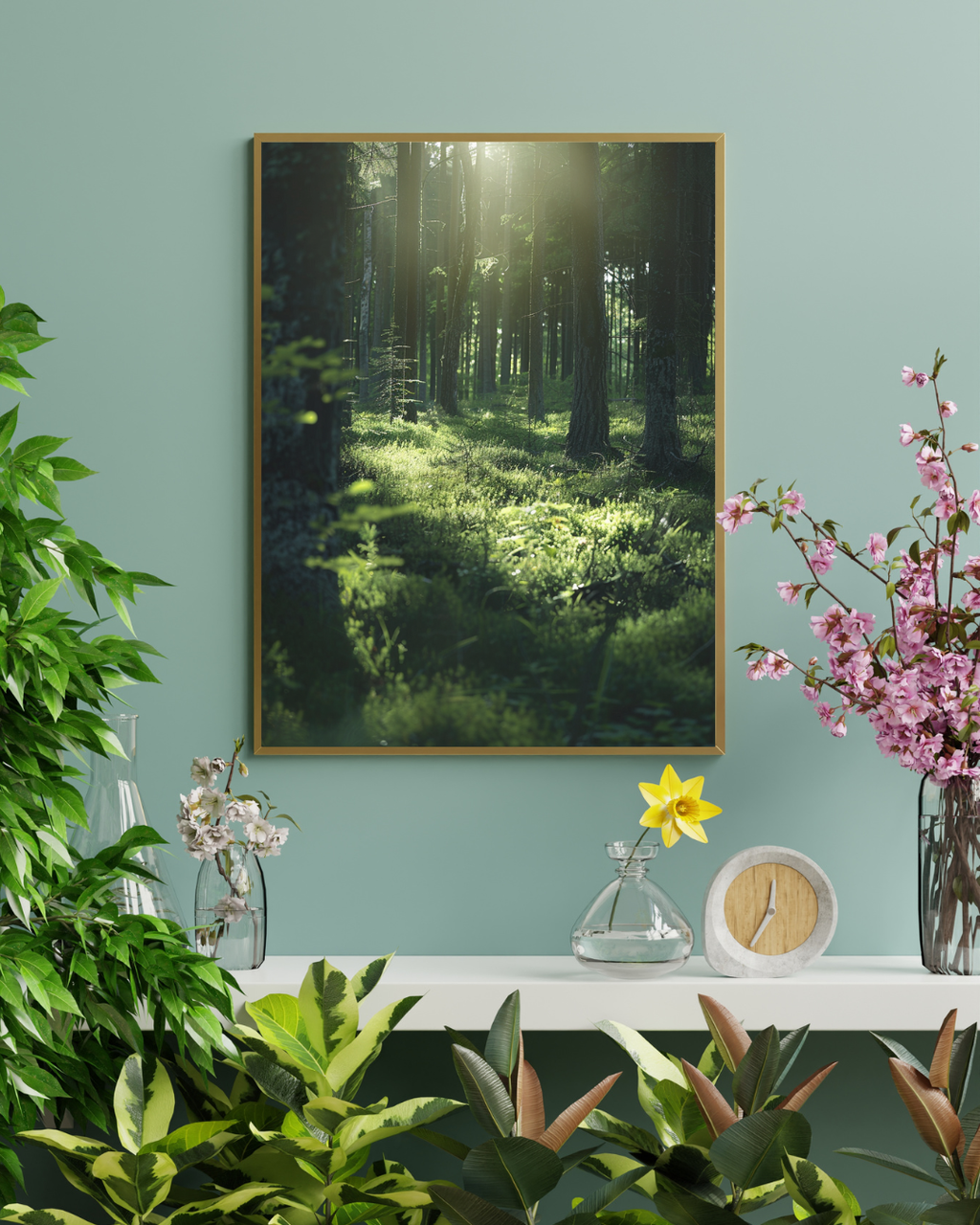 Grön naturposter från Nordanio med modern, elegant design för vardagsrumsväggar, ramad och inramad väggdekoration