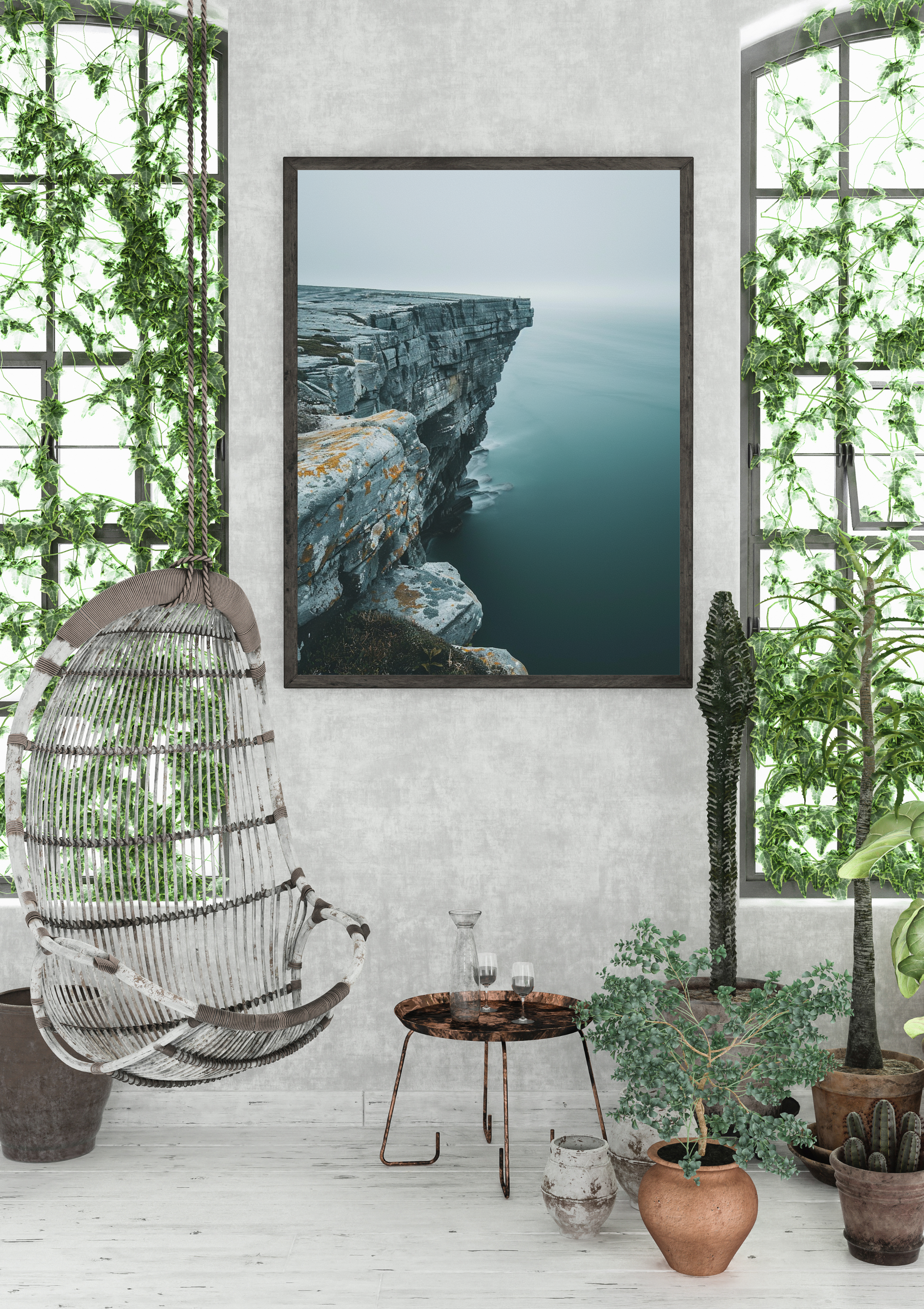 Grönt naturposter med klippformation från Nordanio, väggkonst med botanik och organisk design för inredning.