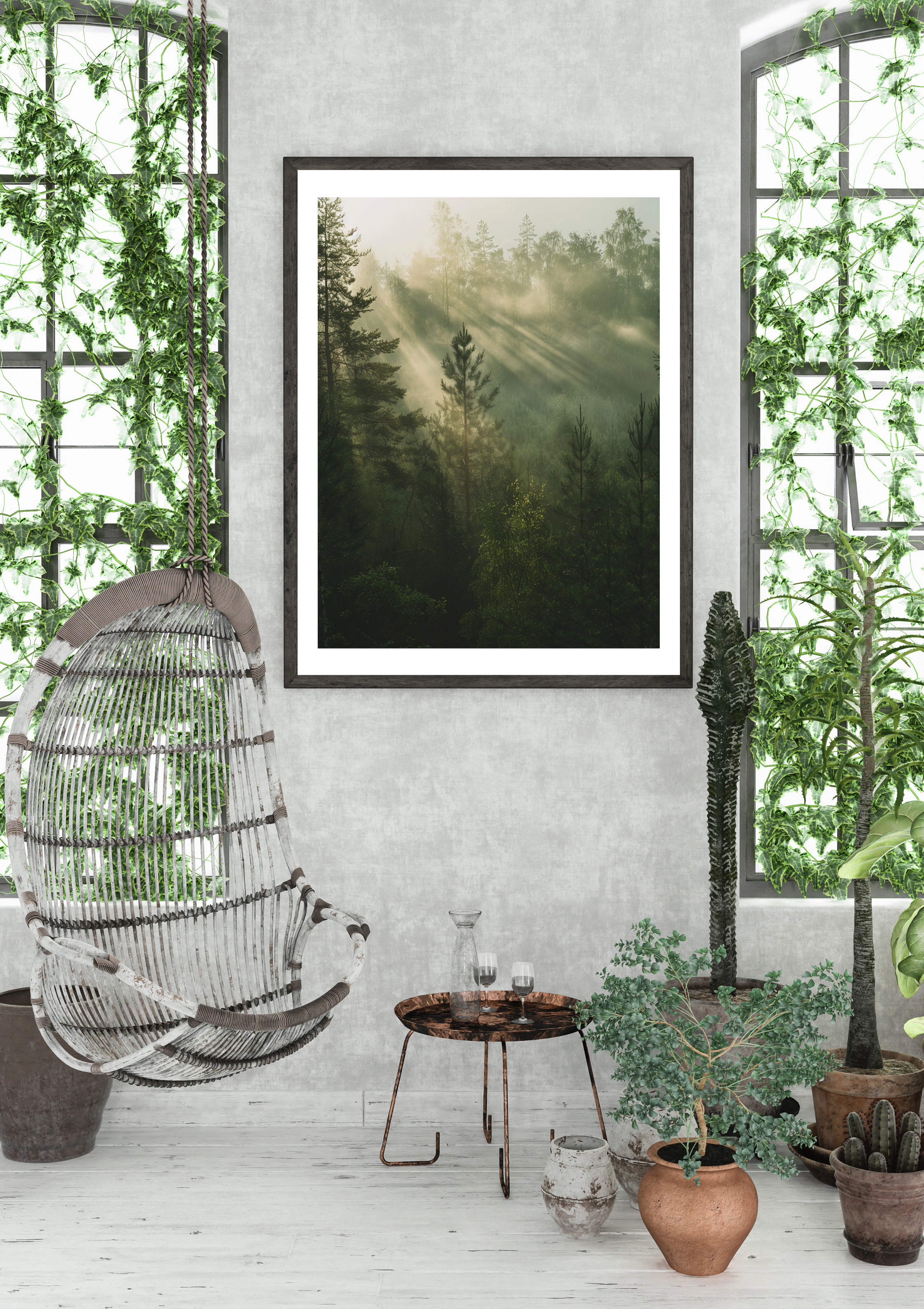 Grön naturposter av Nordanio med växtmotiv för väggdekoration, visar botaniska och organiska element.
