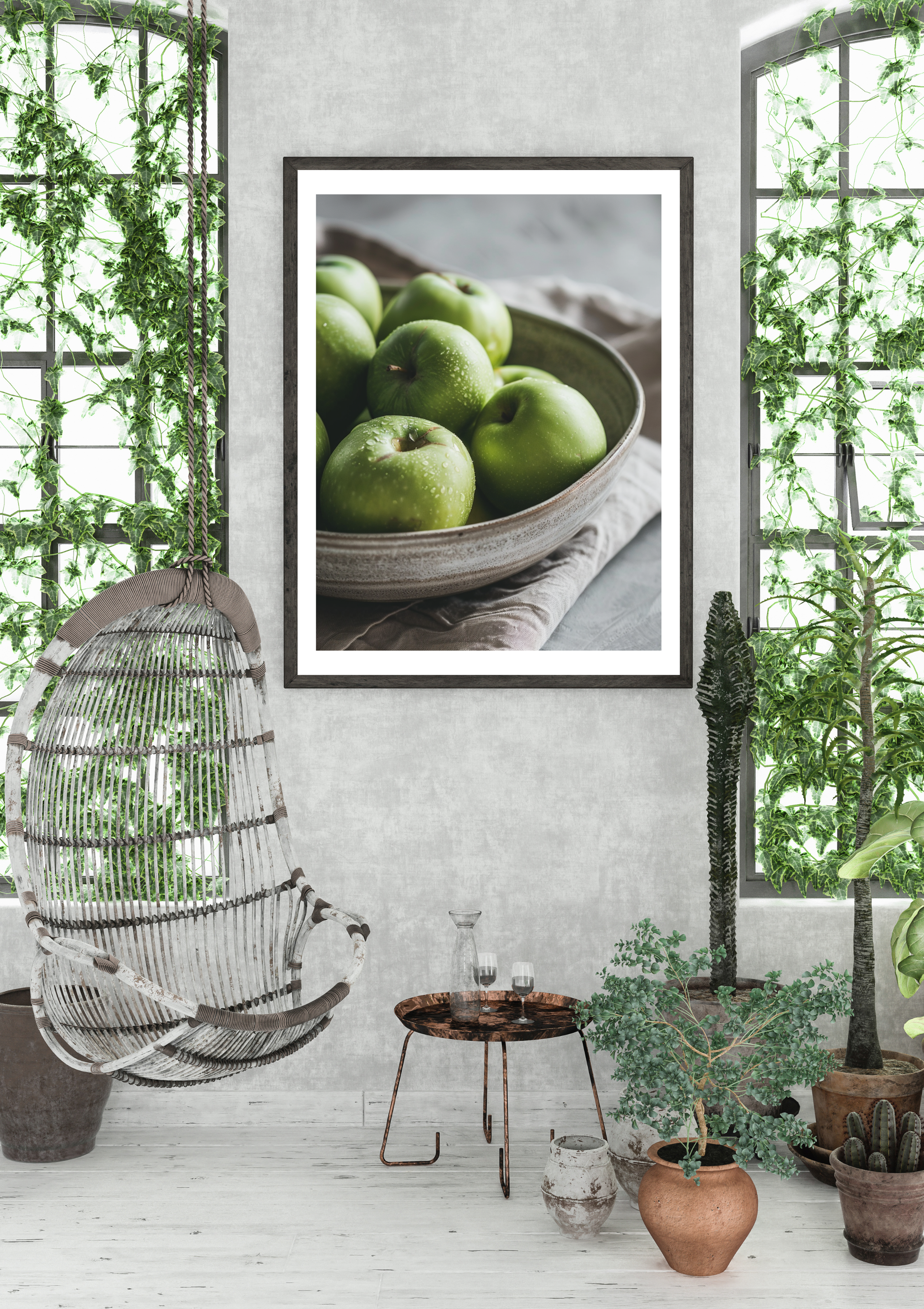 Grön äppleposter från Nordanio, botanisk fruktposter för väggdekoration i naturligt och organiskt stil.