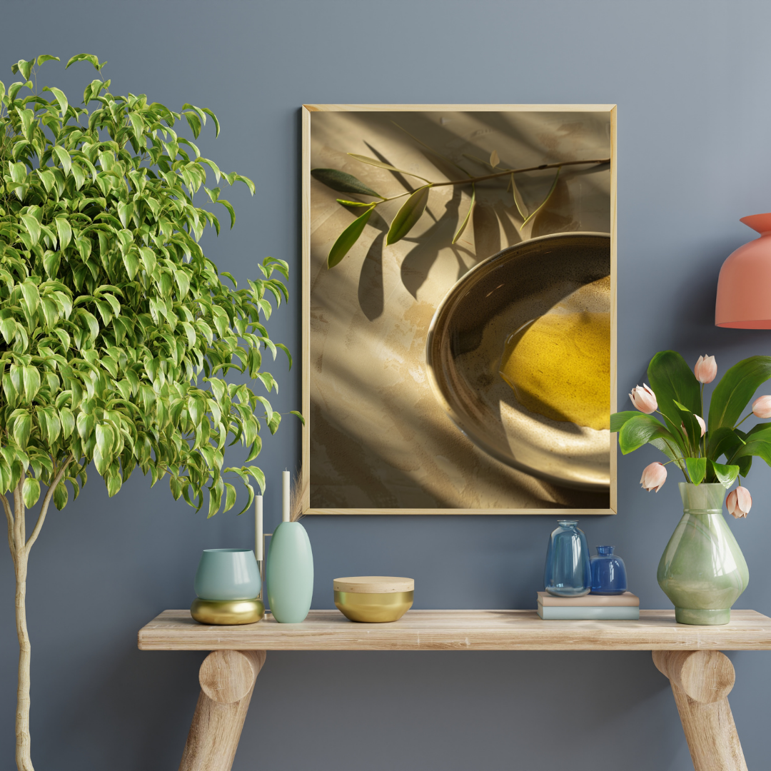 Grön fruktposter med olivolleskulpturer från Nordanio, visar olivoljor och frukt i naturliga färger, inramad och perfekt för kök.