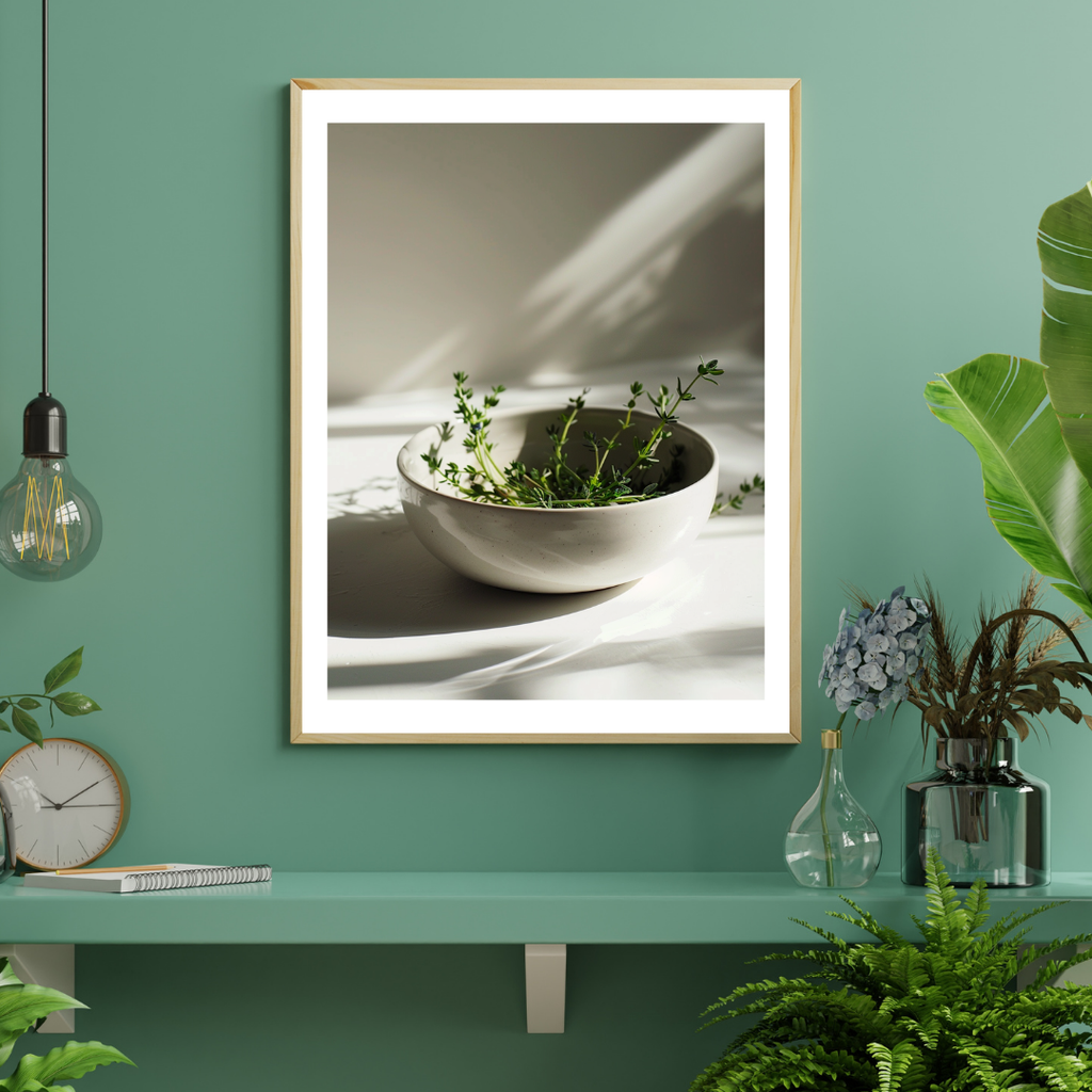 Grönt fruktposter från Nordanio, inramat väggkonst av herbala frukter, visad på vägg i modern inredning.