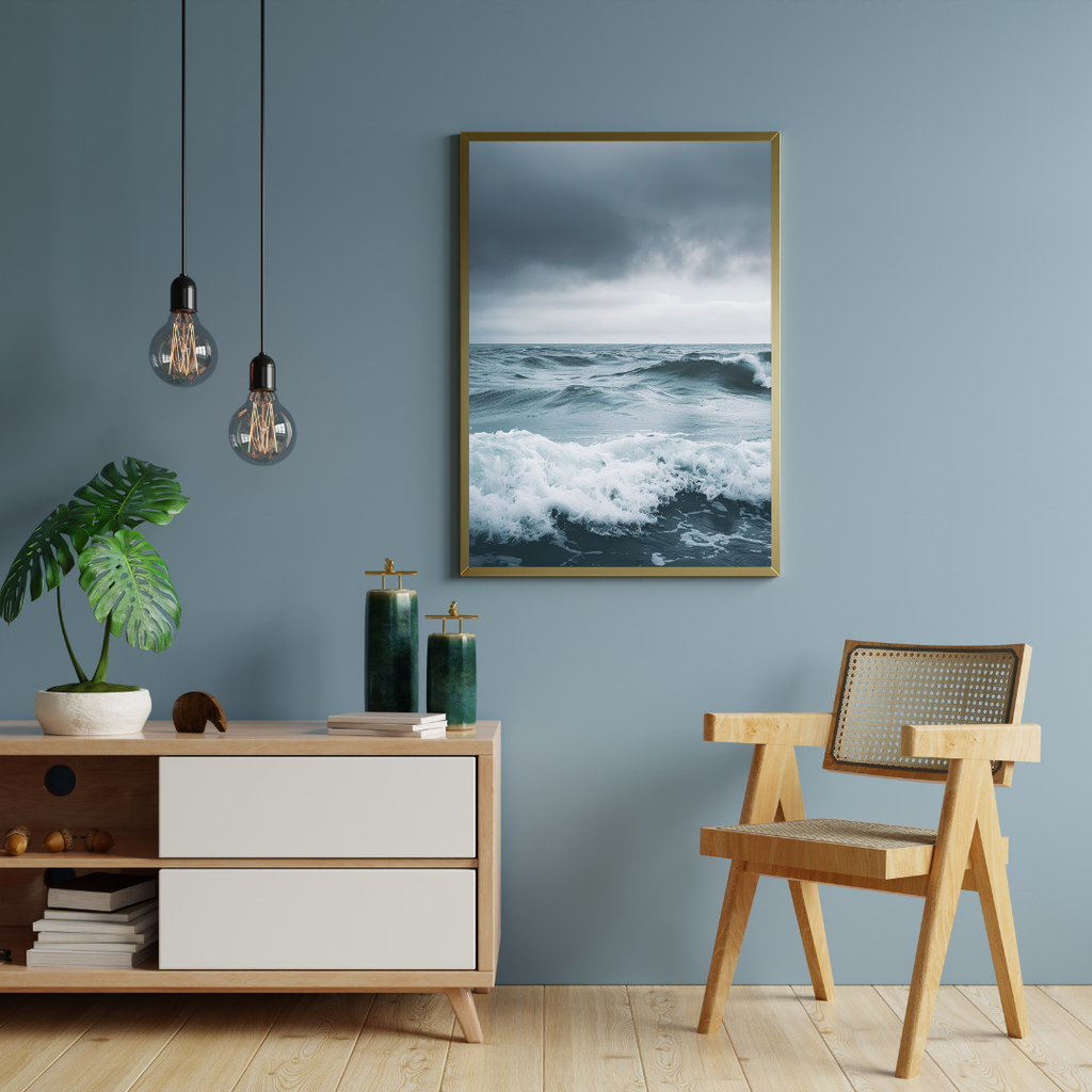 Nordanio naturposter med havsvågor i grönt och brunt, modern 3D-illustration för väggdekor.
