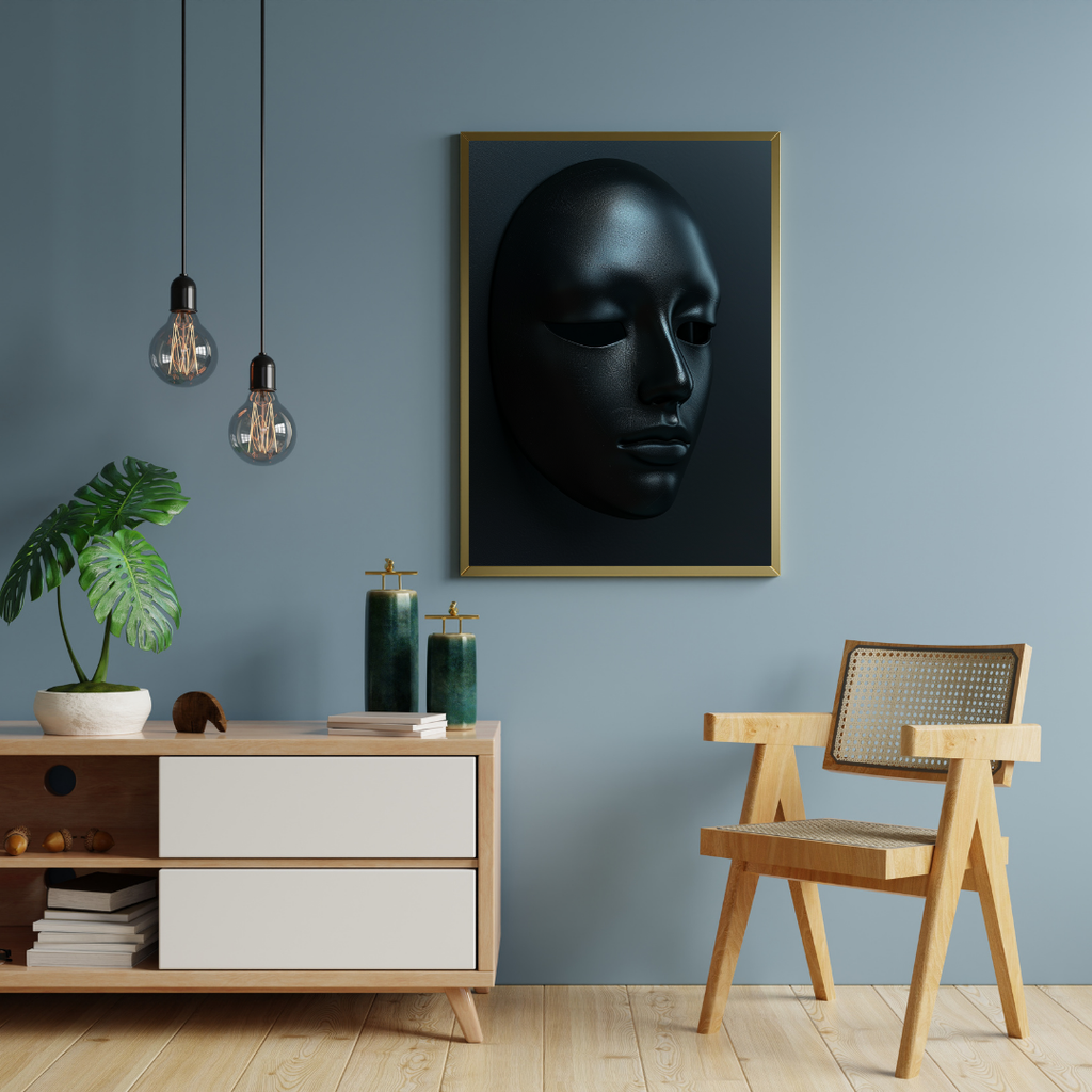 Svart maskposter med mörk konststil, modern 3D-illustration för väggdekor av Nordanio.