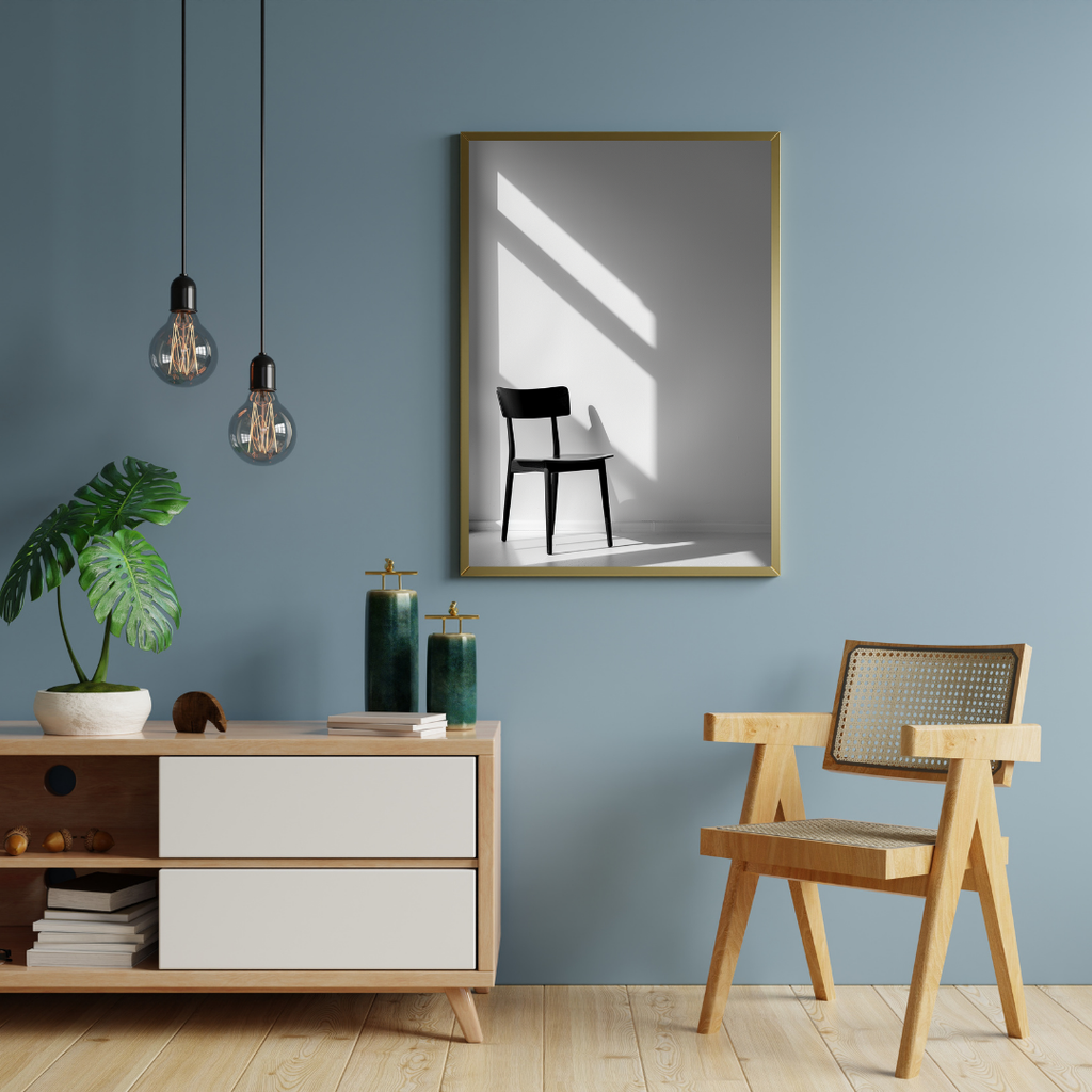 Svart stolposter i svartvitt, modern illustration på väggram för inredning, av Nordanio.