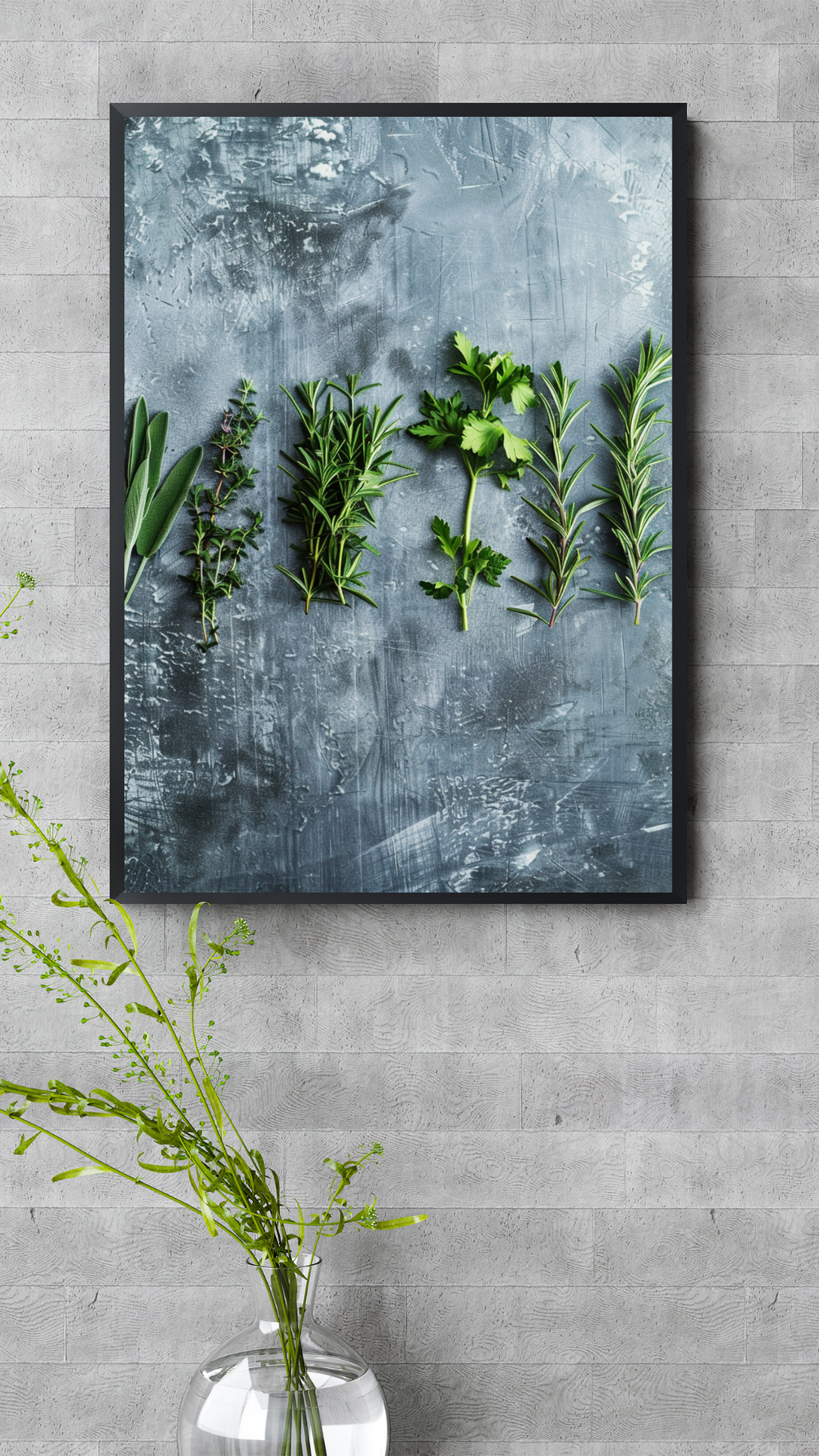 Grön och grå fruktposter med färska örtrader i minimalistisk ram, designad av Nordanio, perfekt för kök eller matrum.