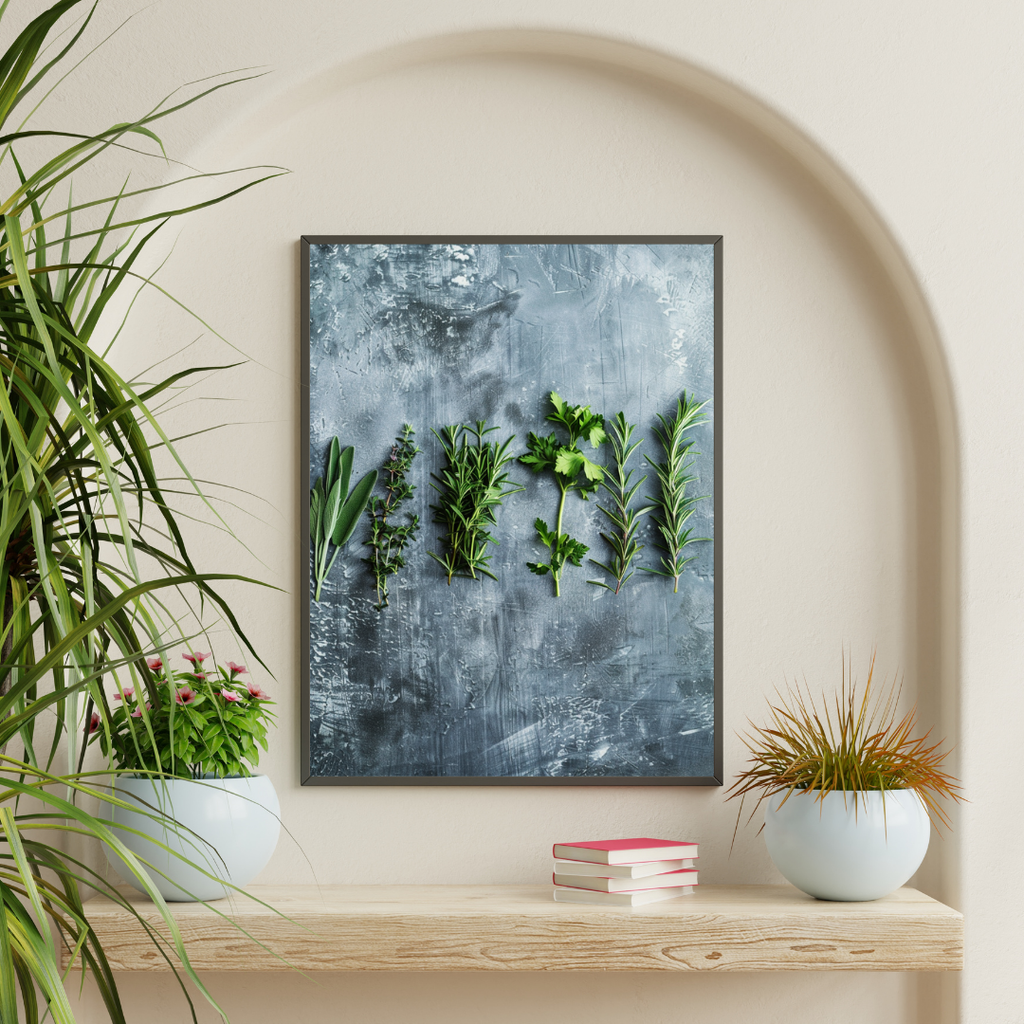 Grön och grå minimalistisk fruktposter med färska örtlinjer från Nordanio, visar en stilren illustration i ram.