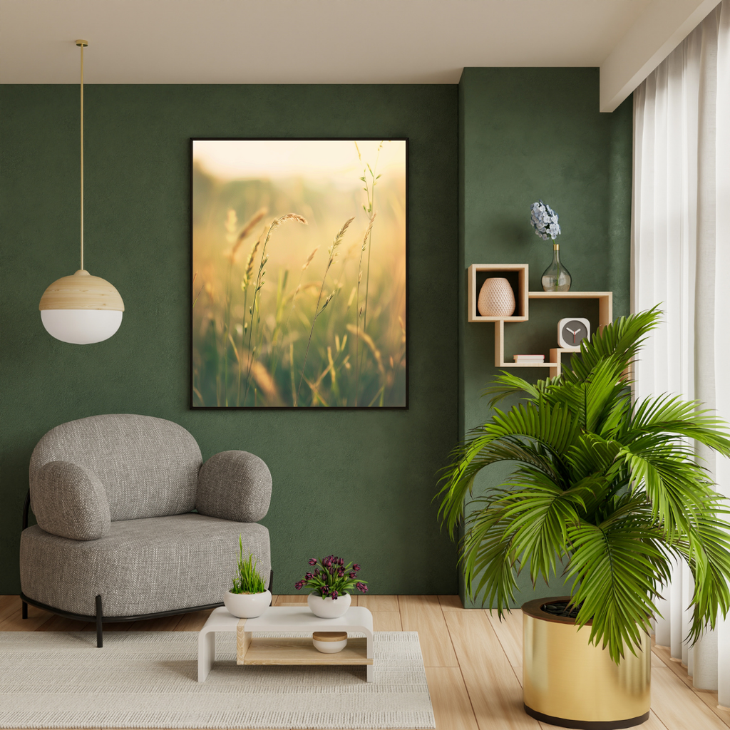 Grön och grå naturposter av gräsmatteskog av Nordanio, modern 3D-illustration för väggdekor.