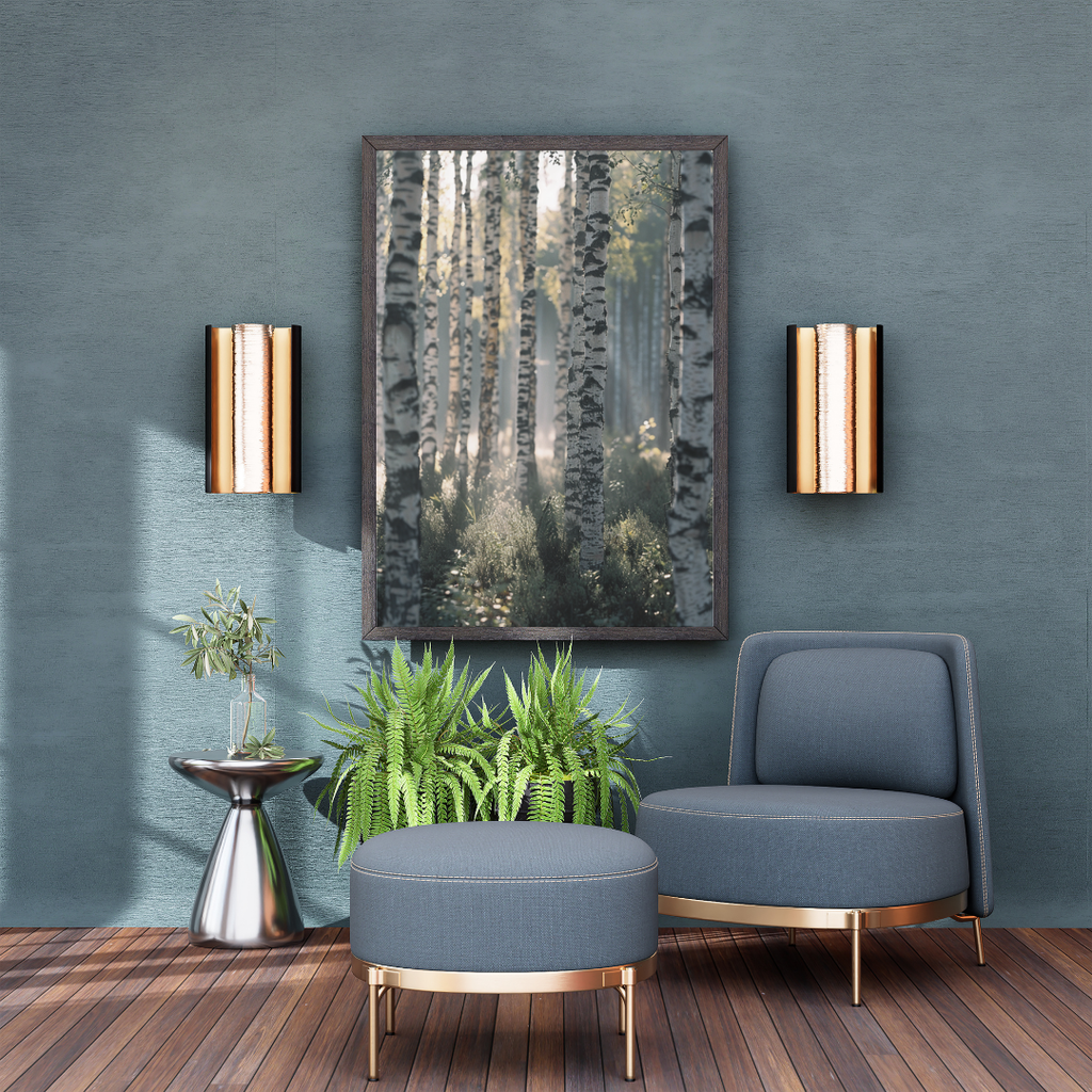 Väggposter med björkskog i grönt och navy, minimalistisk design av Nordanio, perfekt för naturinspirerad inredning.