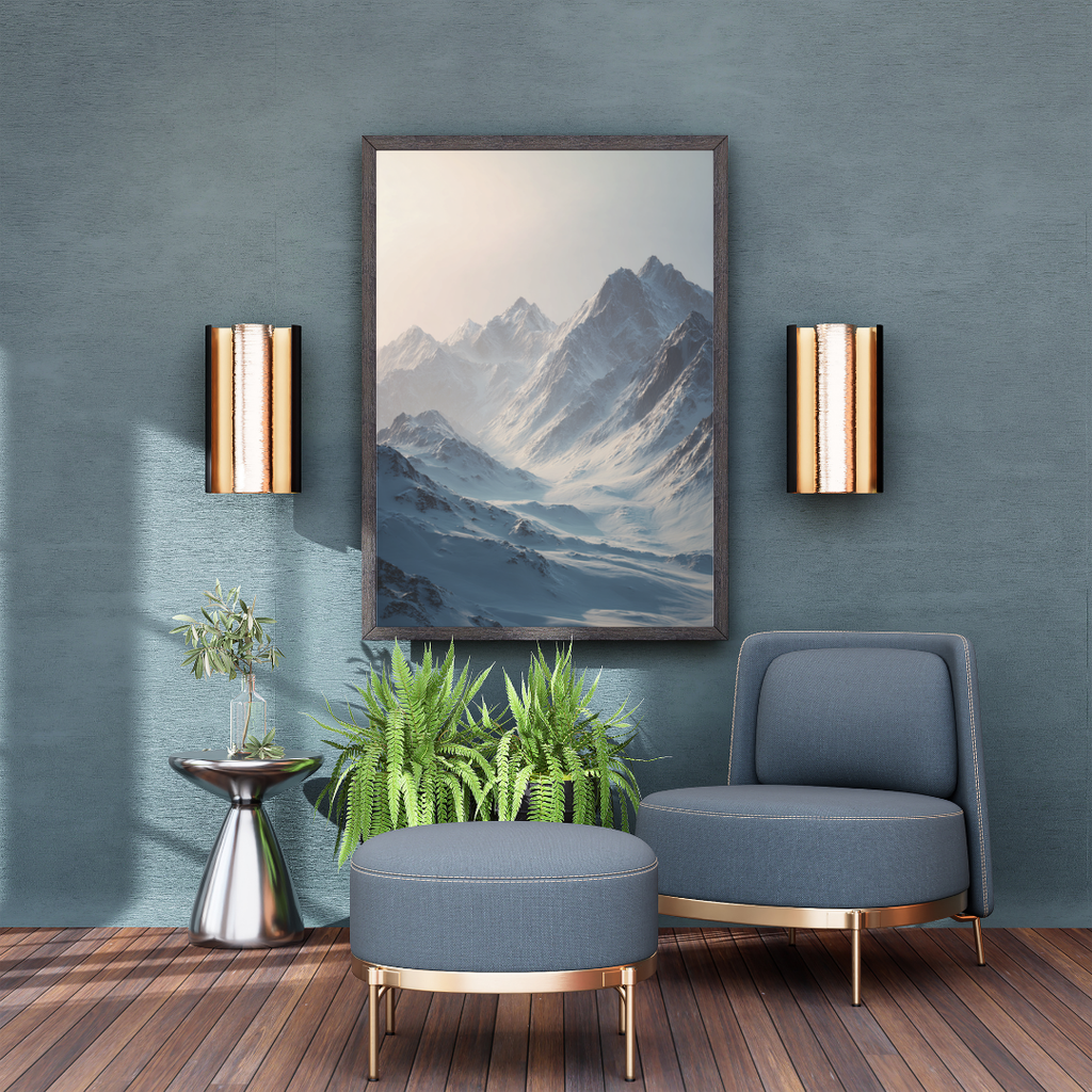 Minimalist naturposter med snötäckta berg i grönt och navy från Nordanio, perfekt för modern väggdekoration.