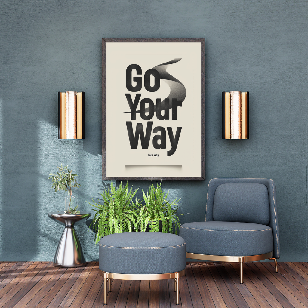 Grönt och navy typografiskt poster med texten "Go Your Way" i minimalistisk ram, designad av Nordanio.
