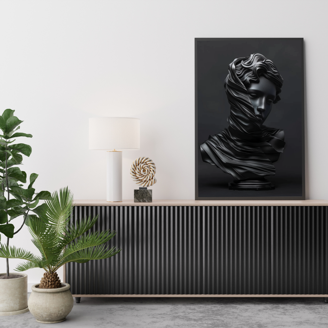 Marble skulpturposter i mörk konststil med gröna och rosa 3D-minimalistram, Nordanio, för väggdekoration.