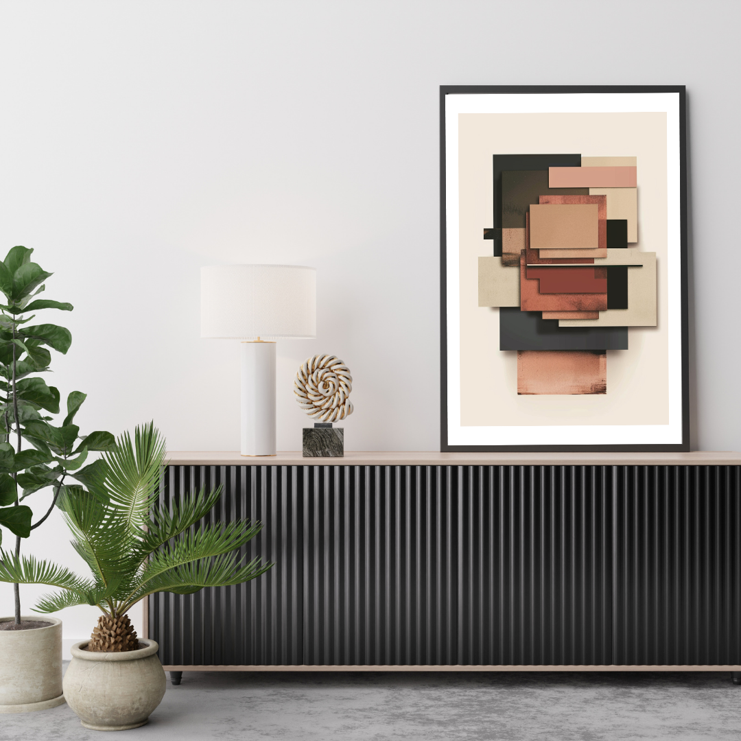 Abstrakt väggposter med rektangulära lager i grönt och rosa, minimalistisk design av Nordanio för modern heminredning.