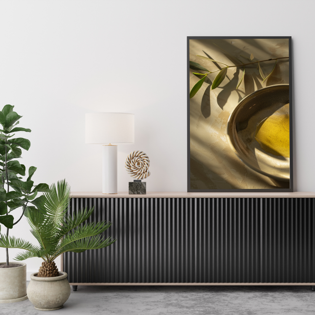 Nordanio fruktposter med olivoljeformer i grönt och rosa, minimalistisk väggdekor för kök eller matrum.
