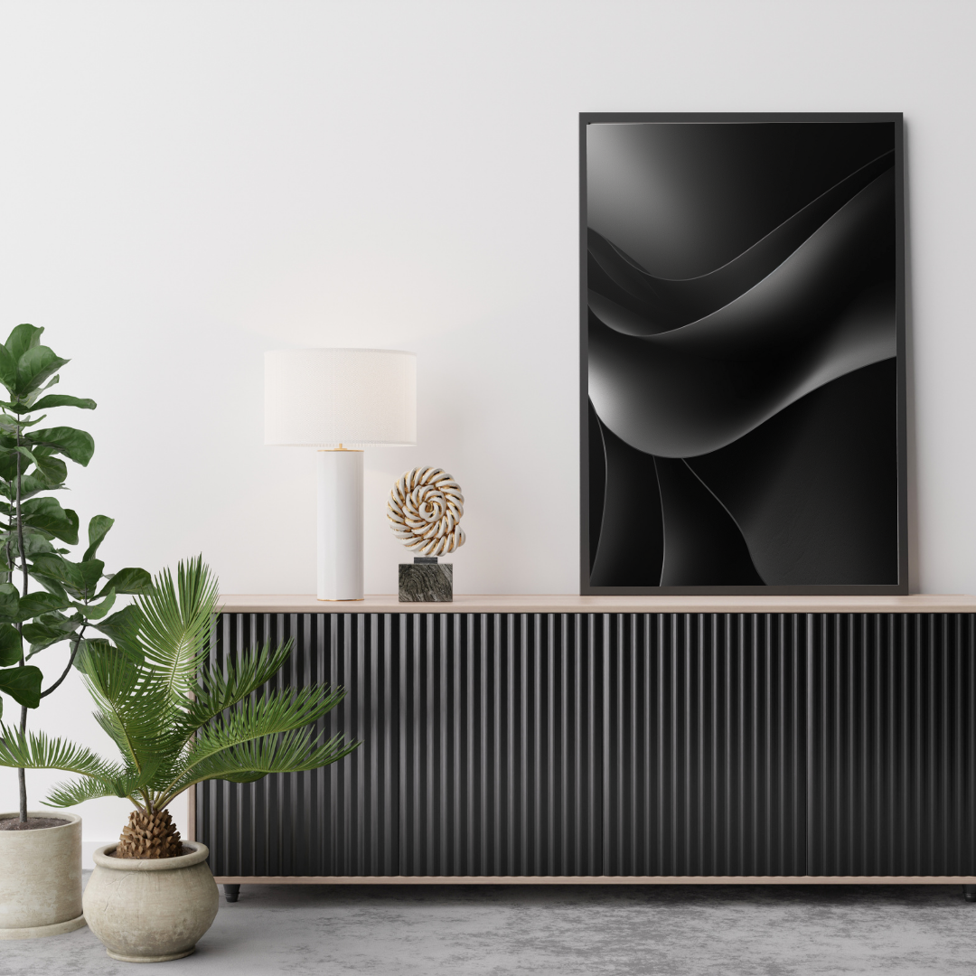 Svart abstrakt poster av Nordanio med gröna och rosa 3D-minimalistiska väggramdetaljer, modern konst för väggdekoration.