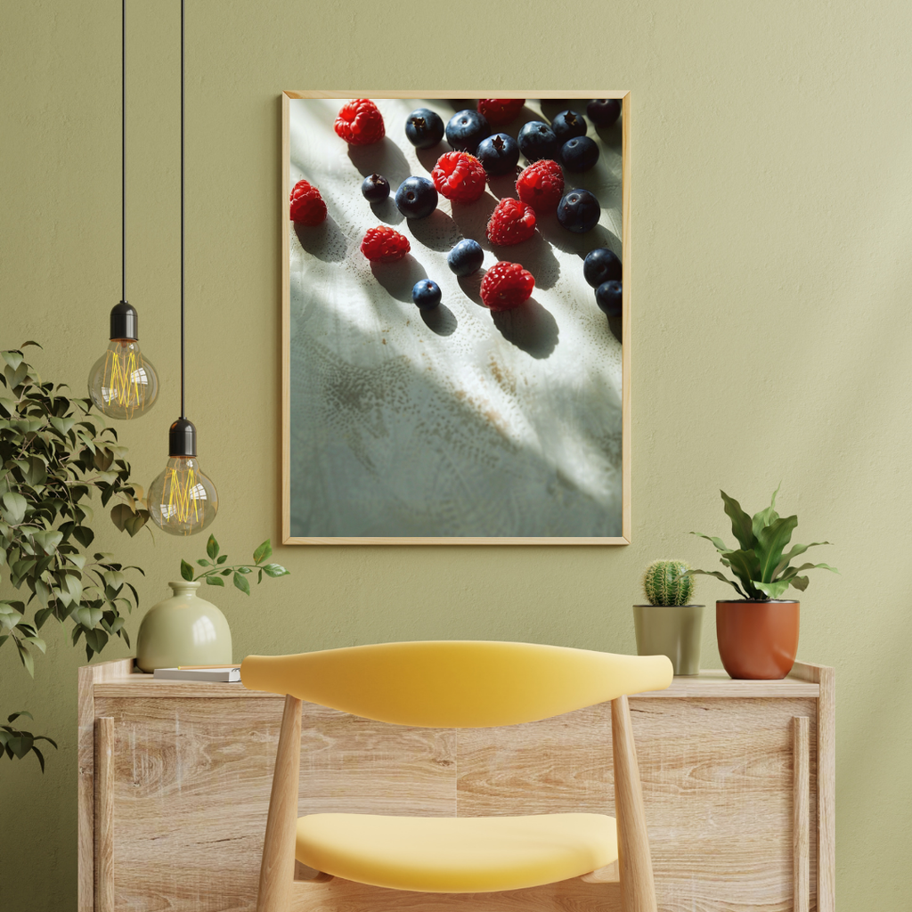 Fruktposter med bärkomposition av Nordanio, grönt och gult minimalistiskt foto i ram, perfekt för väggdekoration.