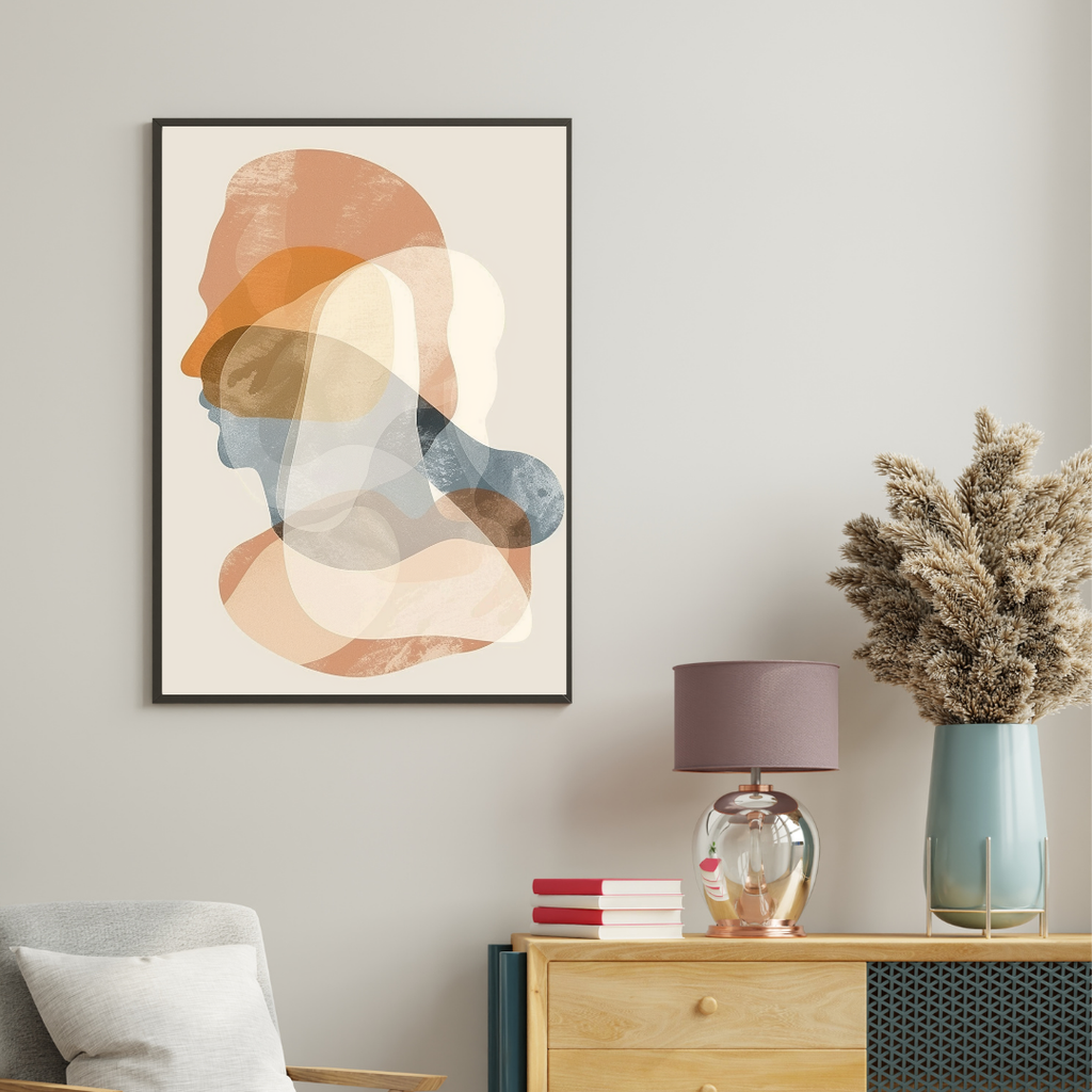 Abstrakt väggposter med asymmetriska former i grå nyanser, designad av Nordanio för modern inredning.