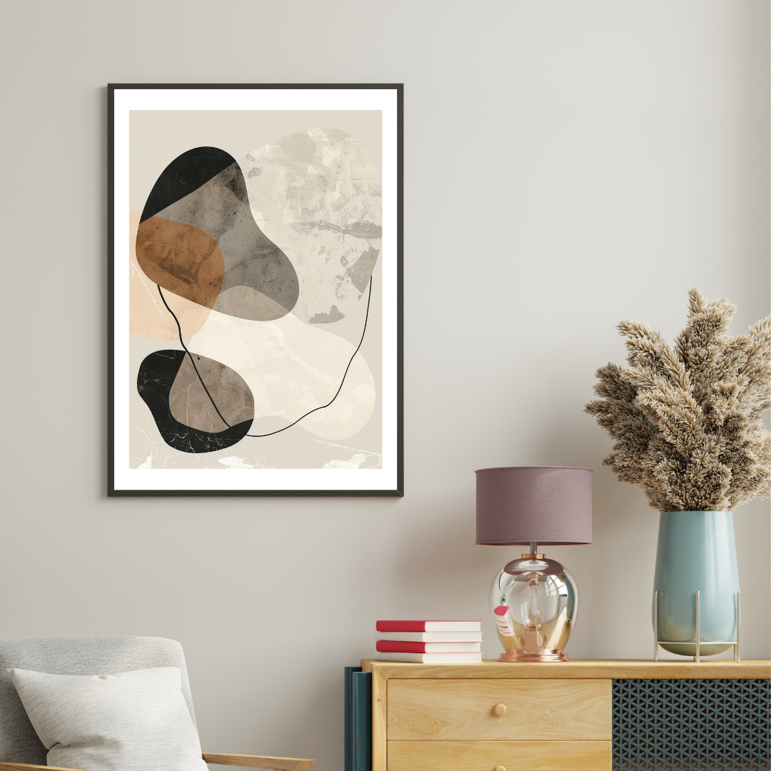 Abstrakt väggposter "Organic Lines" av Nordanio, gråa 3D-inramade konsttryck för inredning.