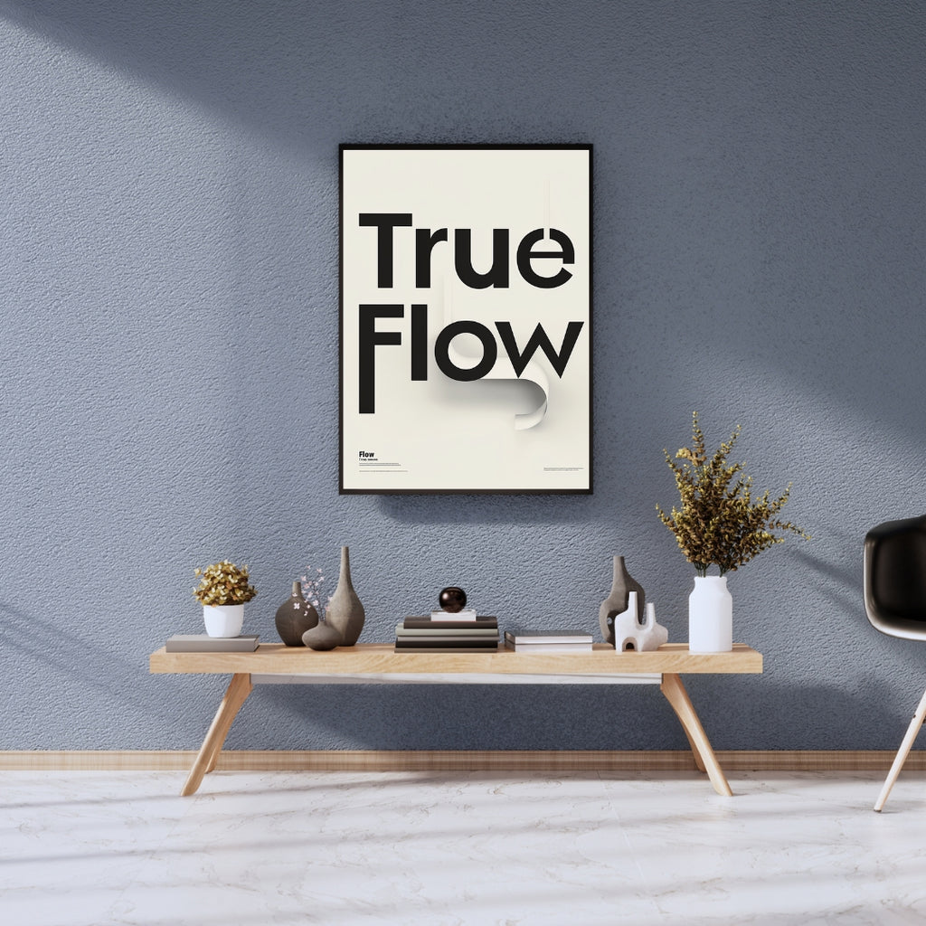 Grå 3D-typografiposter från Nordanio, visar modern väggkonst med stilrent design och text i fokus.
