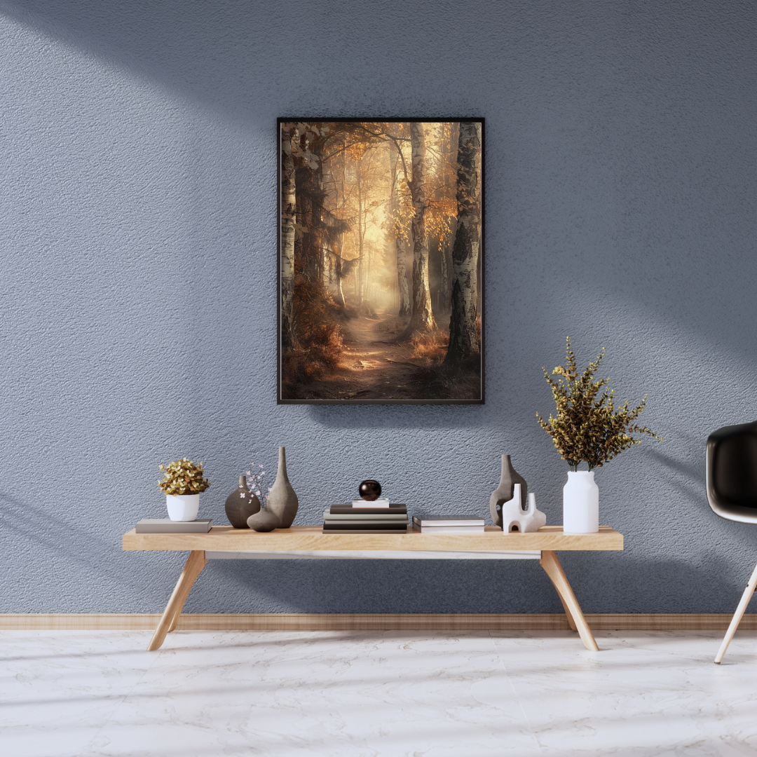 Grå naturposter av en skogsstig med träd och löv, inramad av en 3D-väggkonstram för ett naturnära hem.