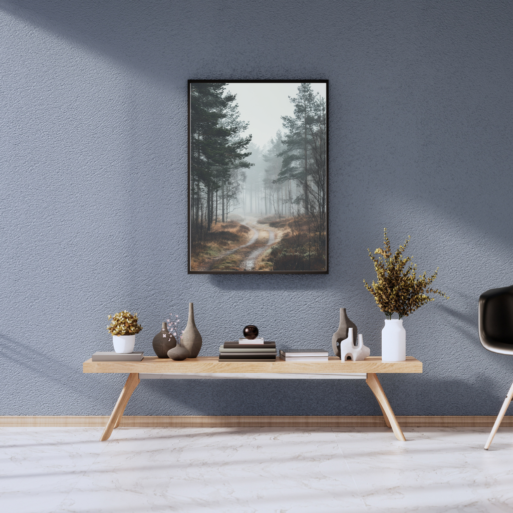 Mörk skogsstig poster av naturmotiv från Nordanio, med gråa nyanser och 3D-effekt för väggdekoration.