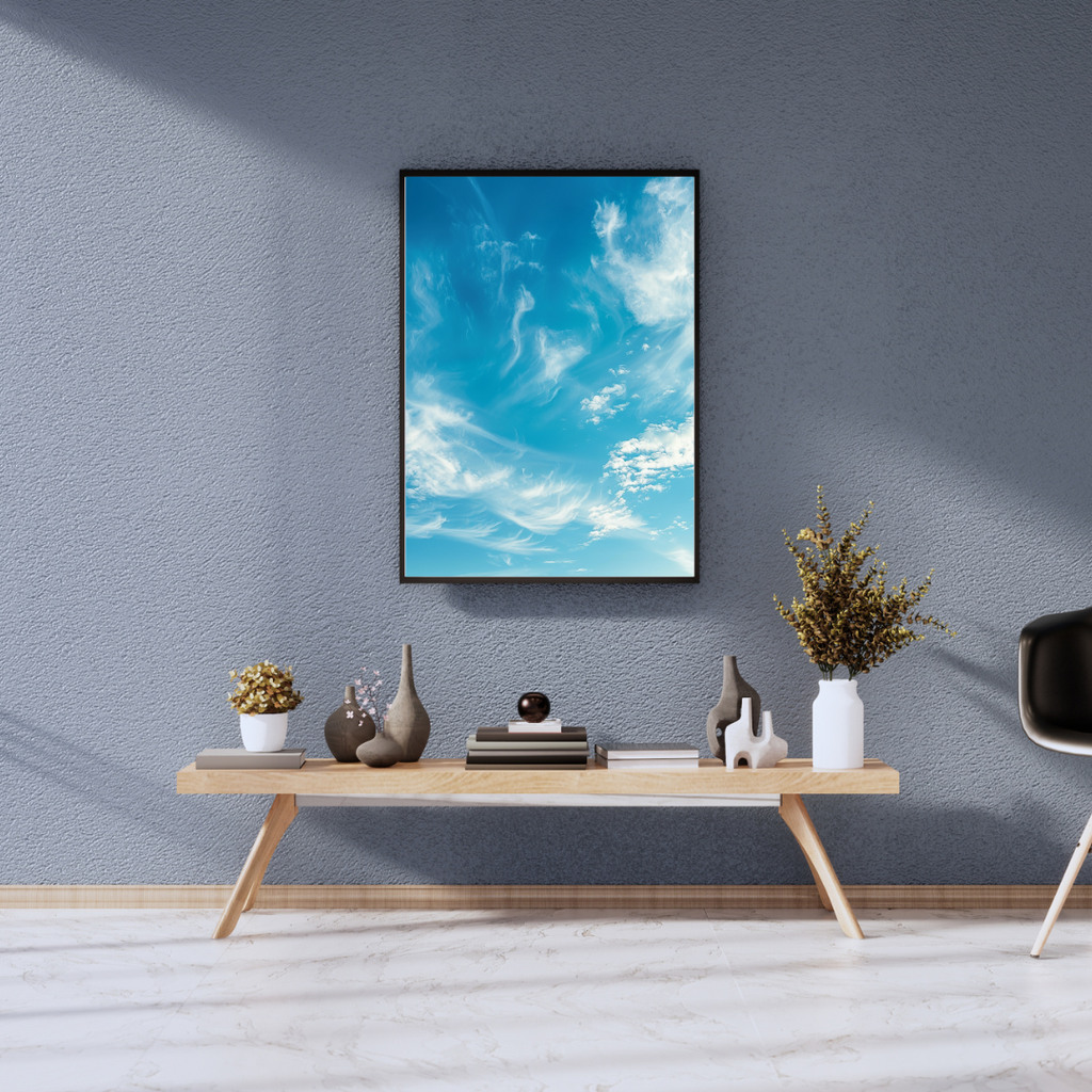 Grått naturposter från Nordanio med öppen himmel och molnmotiv, inramad i en modern 3D-väggkonstram.