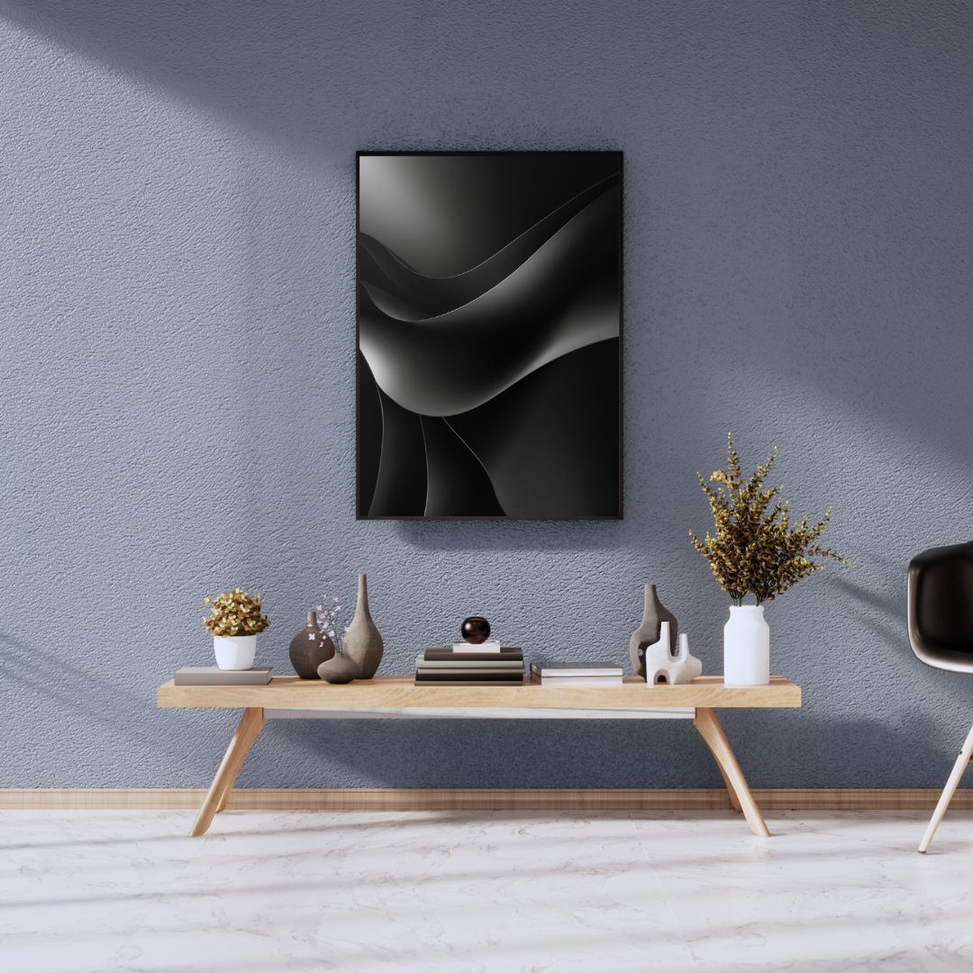 Svart abstrakt väggposter med mörk konstdesign av Nordanio, inramad med en modern grå 3D-väggram.