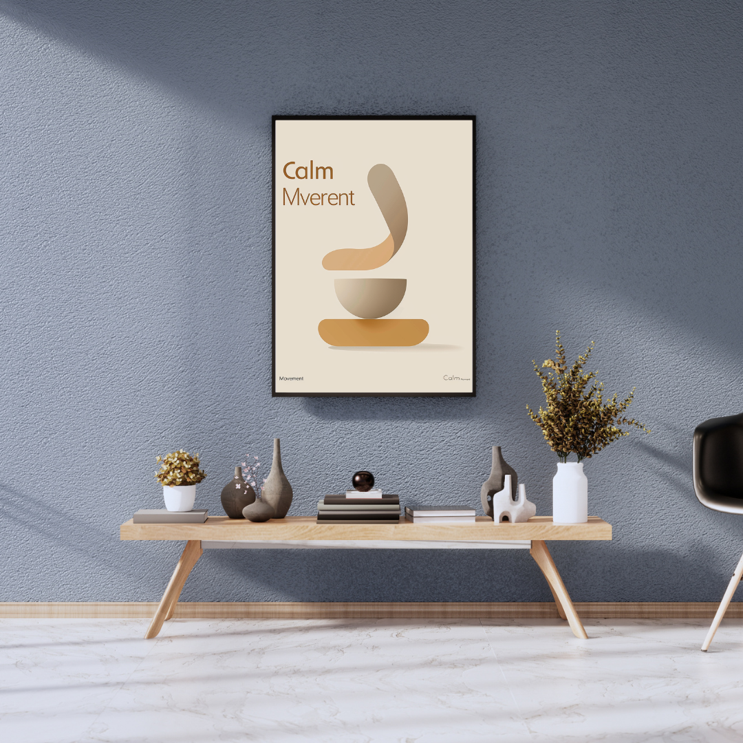 Grått typografiskt posters med orden "Calm Movement" av Nordanio, inramat och hängande på vägg.