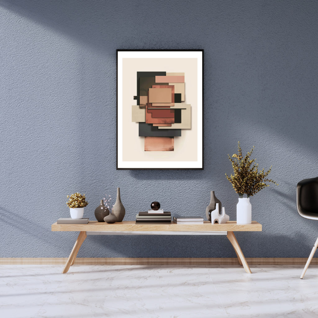 Abstrakt väggposter med rektangulära lager i grå nyanser, designad av Nordanio för modern 3D-väggdekoration.