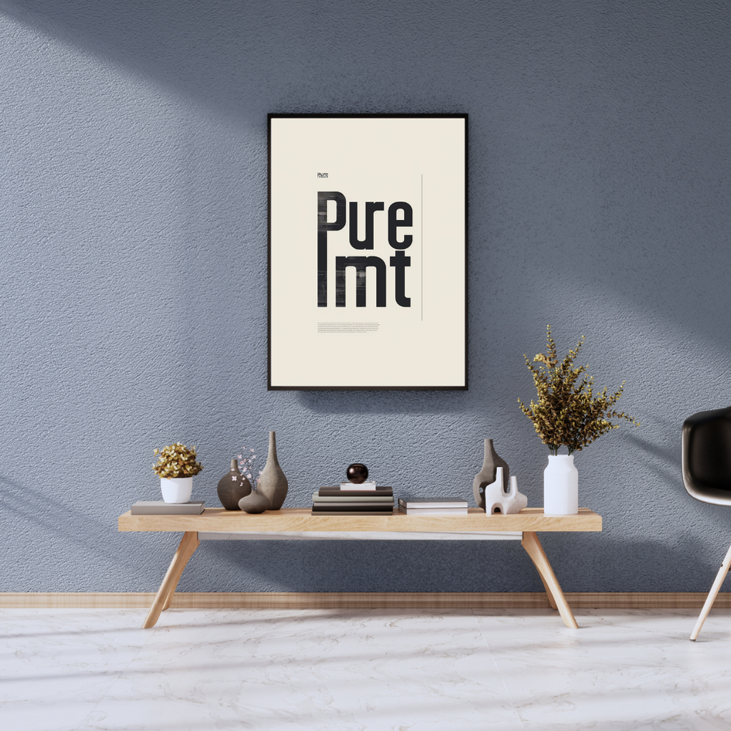 Grå Nordanio typography poster med texten "Pure Intent" i 3D-wallart-stil, väggdekoration för modern inredning