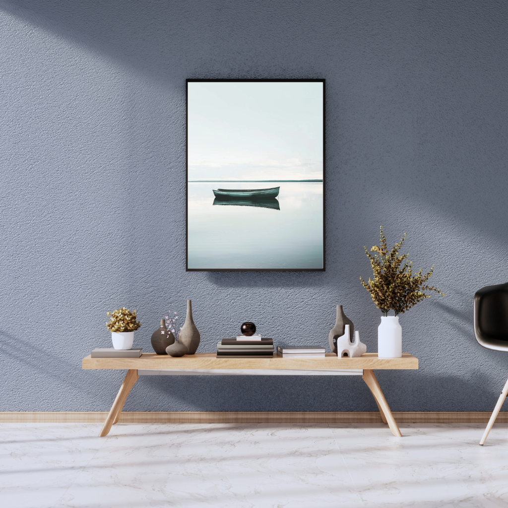 Grått naturposter av Still Lake från Nordanio, 3D-väggkonstram som visar en lugn sjö i naturmiljö.