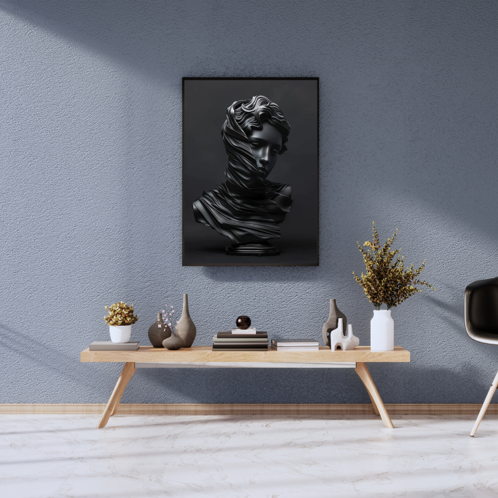 Grå marmorskulpturposter som väggkonst i mörk stil, designad av Nordanio, visar en modern 3D-skulptur på vägg.