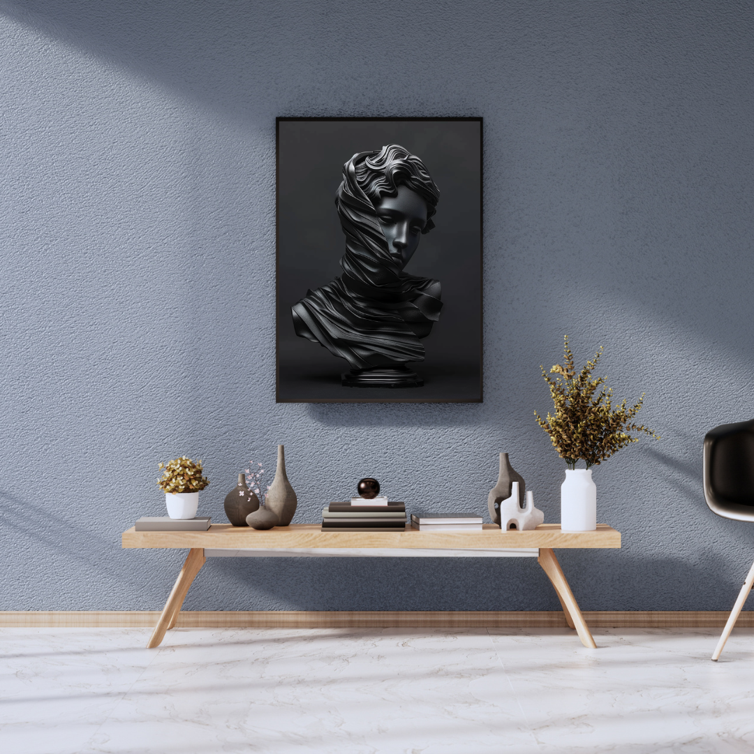 Grå marmorskulpturposter som väggkonst i mörk stil, designad av Nordanio, visar en modern 3D-skulptur på vägg.