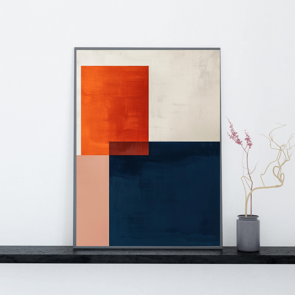 Grå abstrakt minimalist affisch i färgblockstil, väggposter från Nordanio med modern 3D-ram.