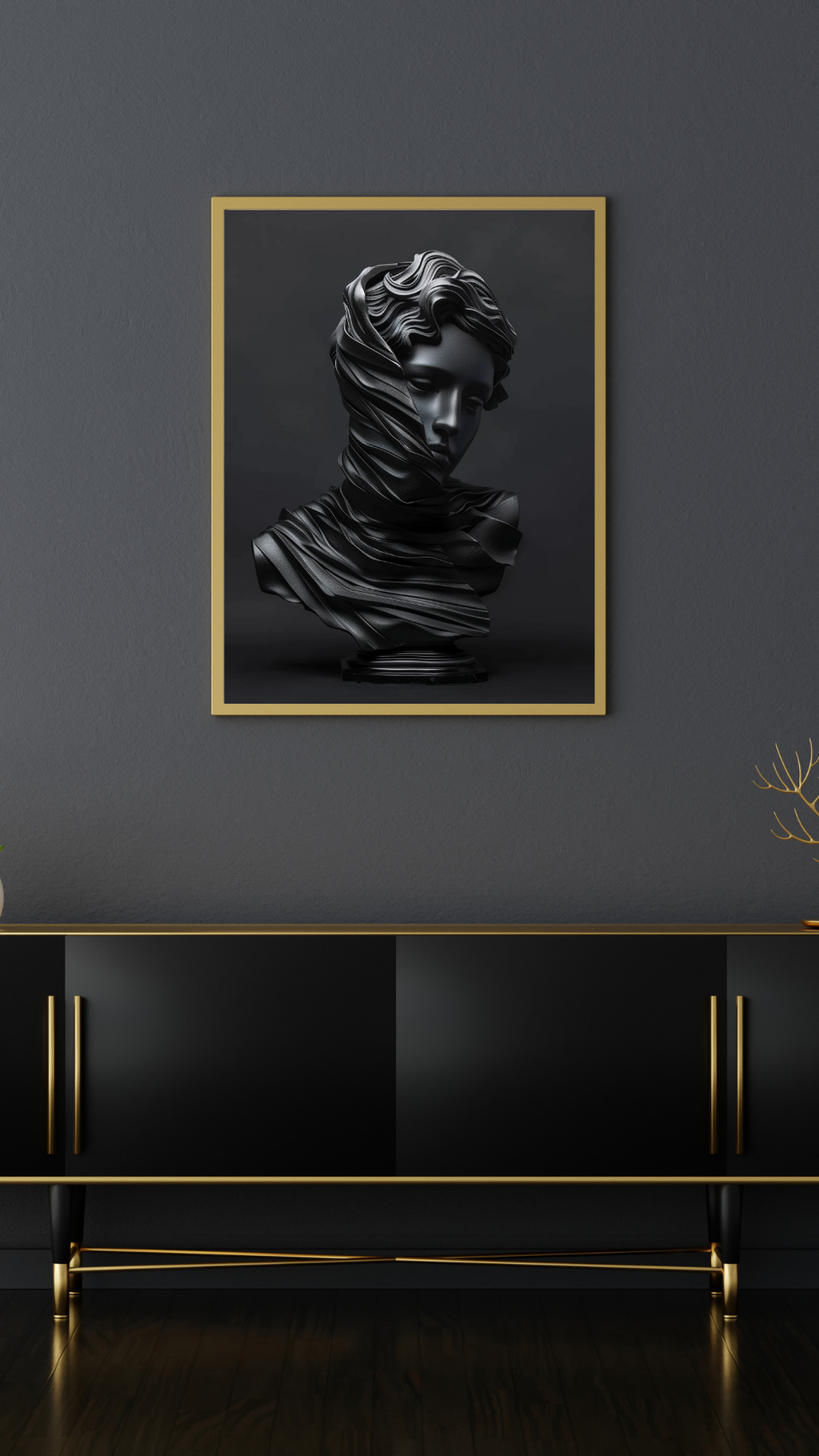 Marble skulpturposter i mörk konststil från Nordanio, väggdekoration med modern design och grå nyanser.