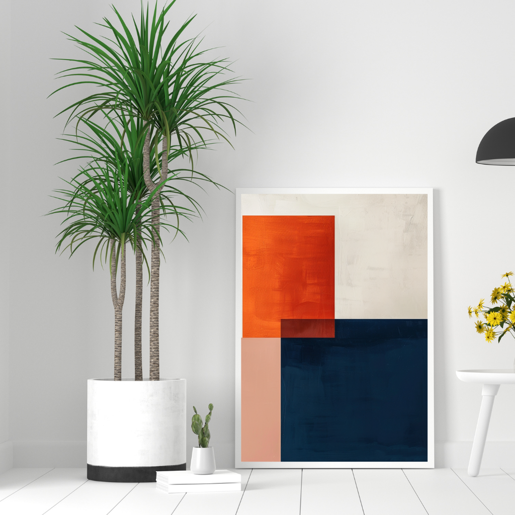 Grå minimalist abstrakt väggposter av Nordanio i ram, modern konst för inredning eller väggdekoration.