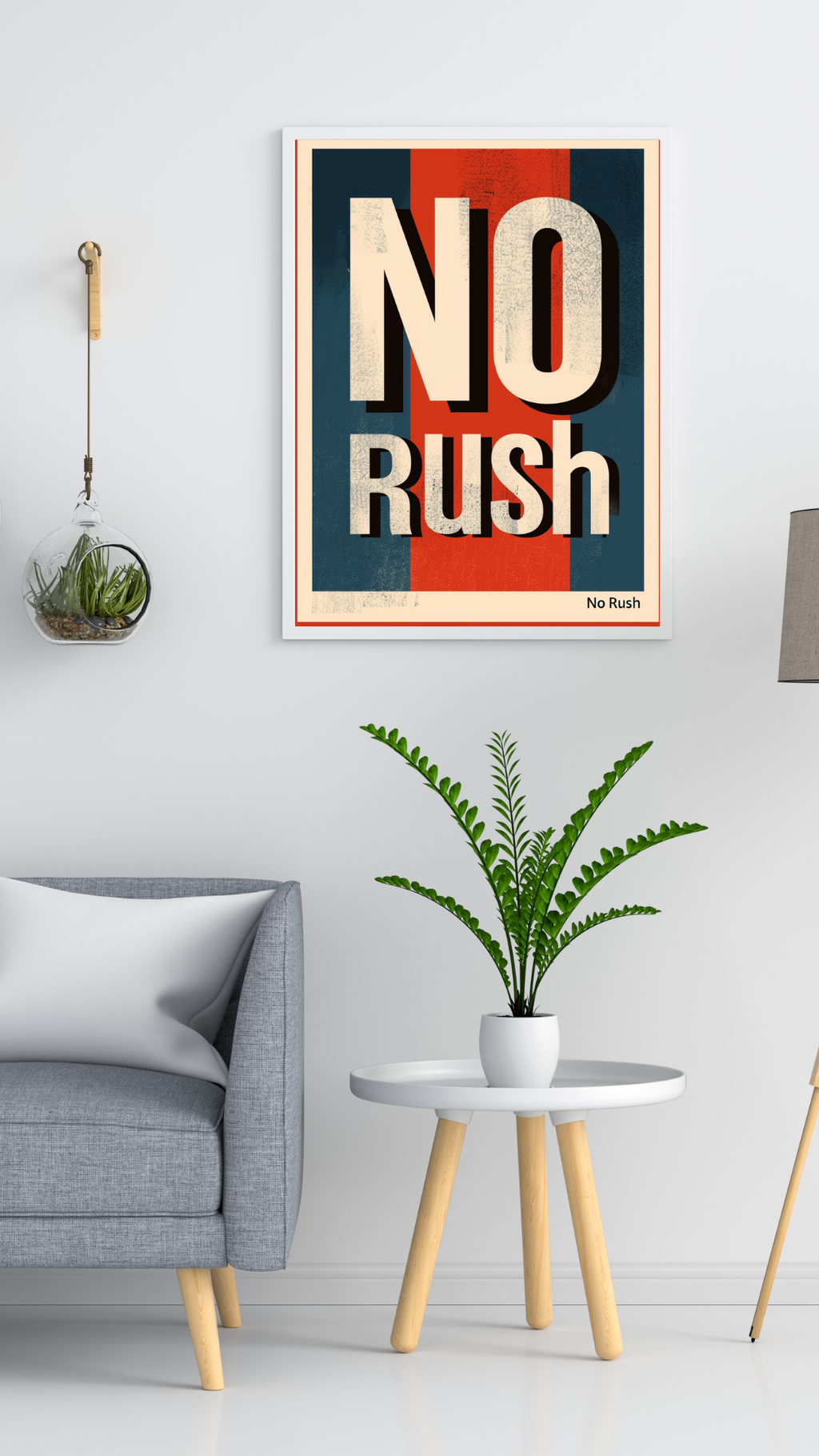 Grå minimalist affisch med texten "Ingen Stress" av Nordanio, väggkonst i typografistil för modern inredning.