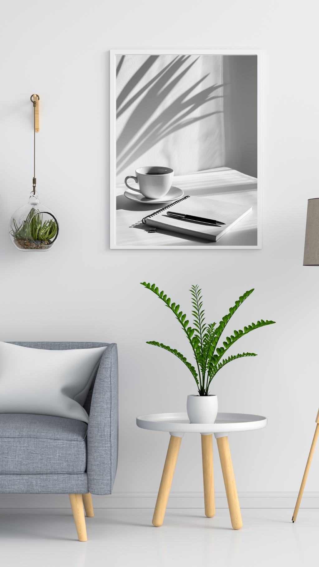Svartvitt minimalistiskt skrivbordsaffisch av Nordanio, inramad väggkonst för modern inredning och Instagram.