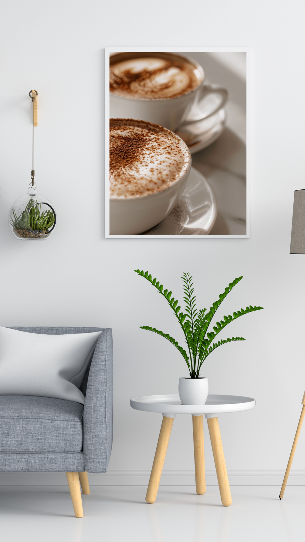 Grått minimalistiskt väggkonstposter med kaffeskum och fruktmotiv av Nordanio, perfekt för Instagram-story eller hemmainredning.