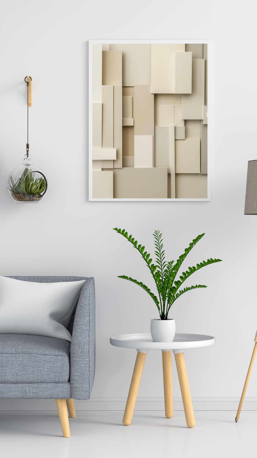 Abstrakt väggposter med vertikala paneler i grått, minimalistisk väggkonst från Nordanio, visar modern inredningsstil.