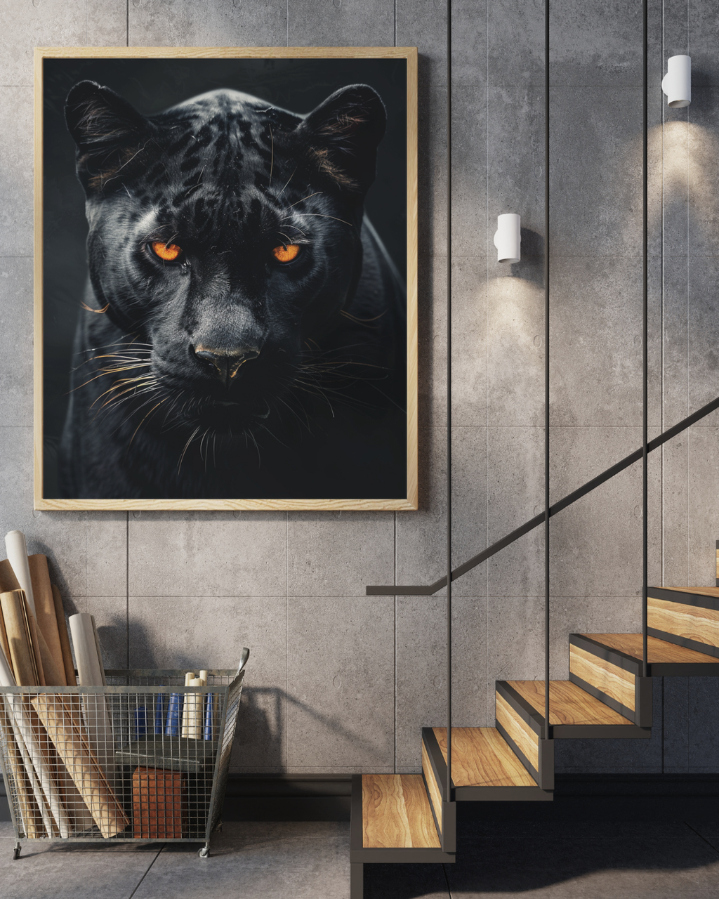 Svart Panther väggposter i mörk konststil med industriell design, ramad och monterad för modern hemdekoration.