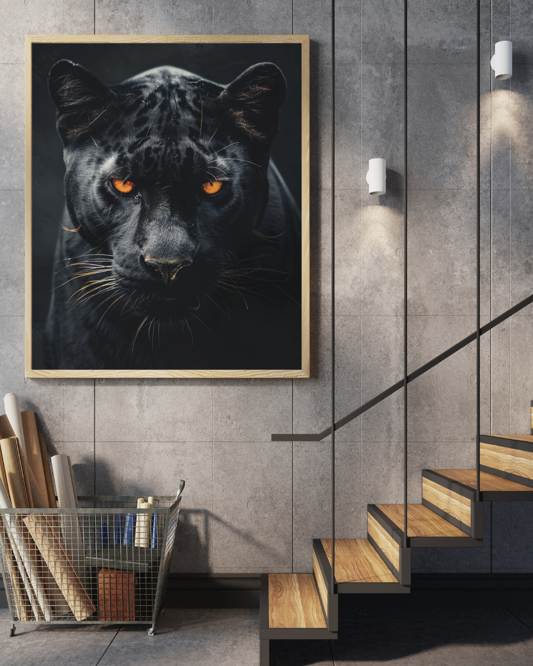 Svart Panther väggposter i mörk konststil med industriell design, ramad och monterad för modern hemdekoration.