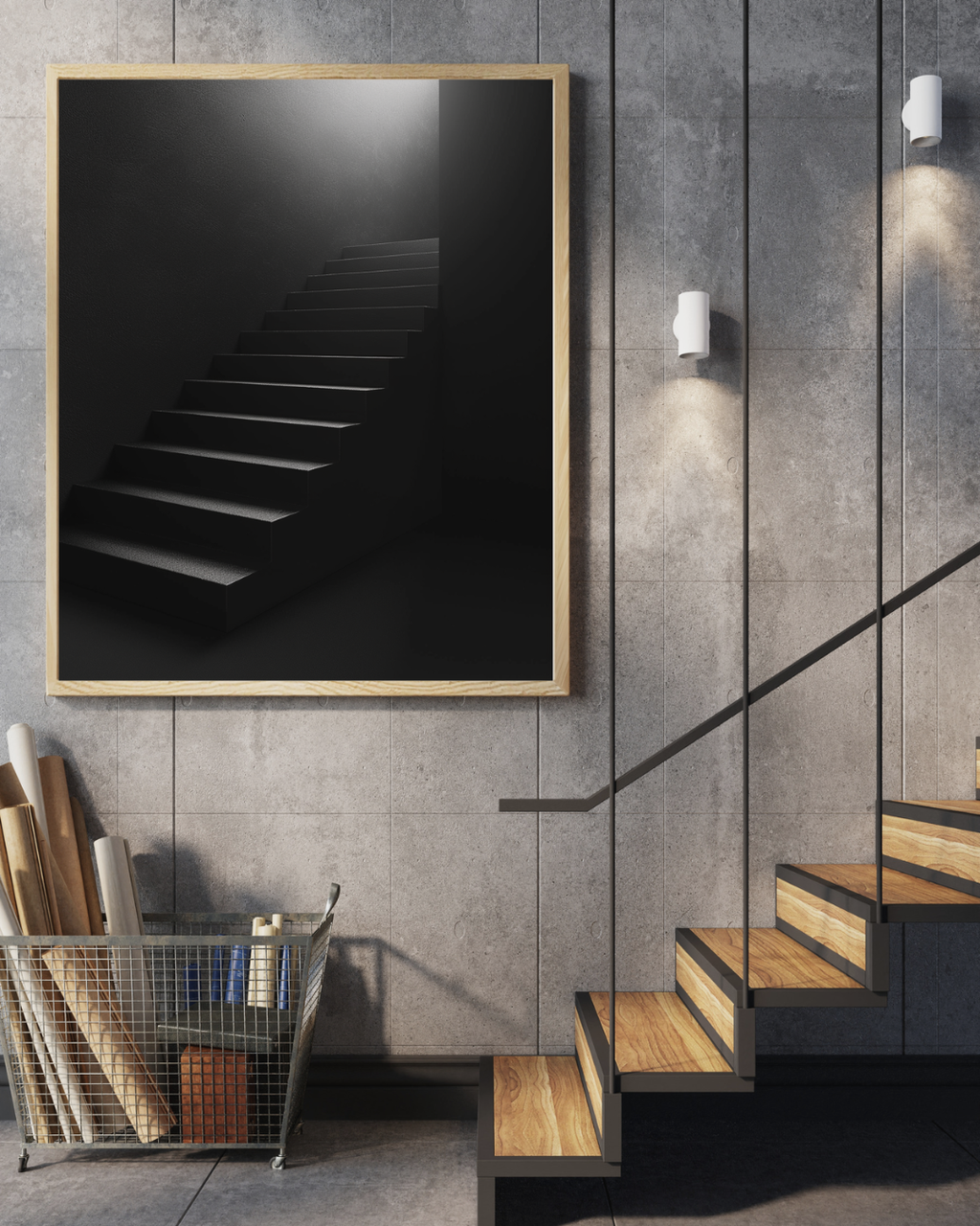 Dark staircase poster från Nordanio, modern industriell väggkonst i grå nyanser för hemmet.