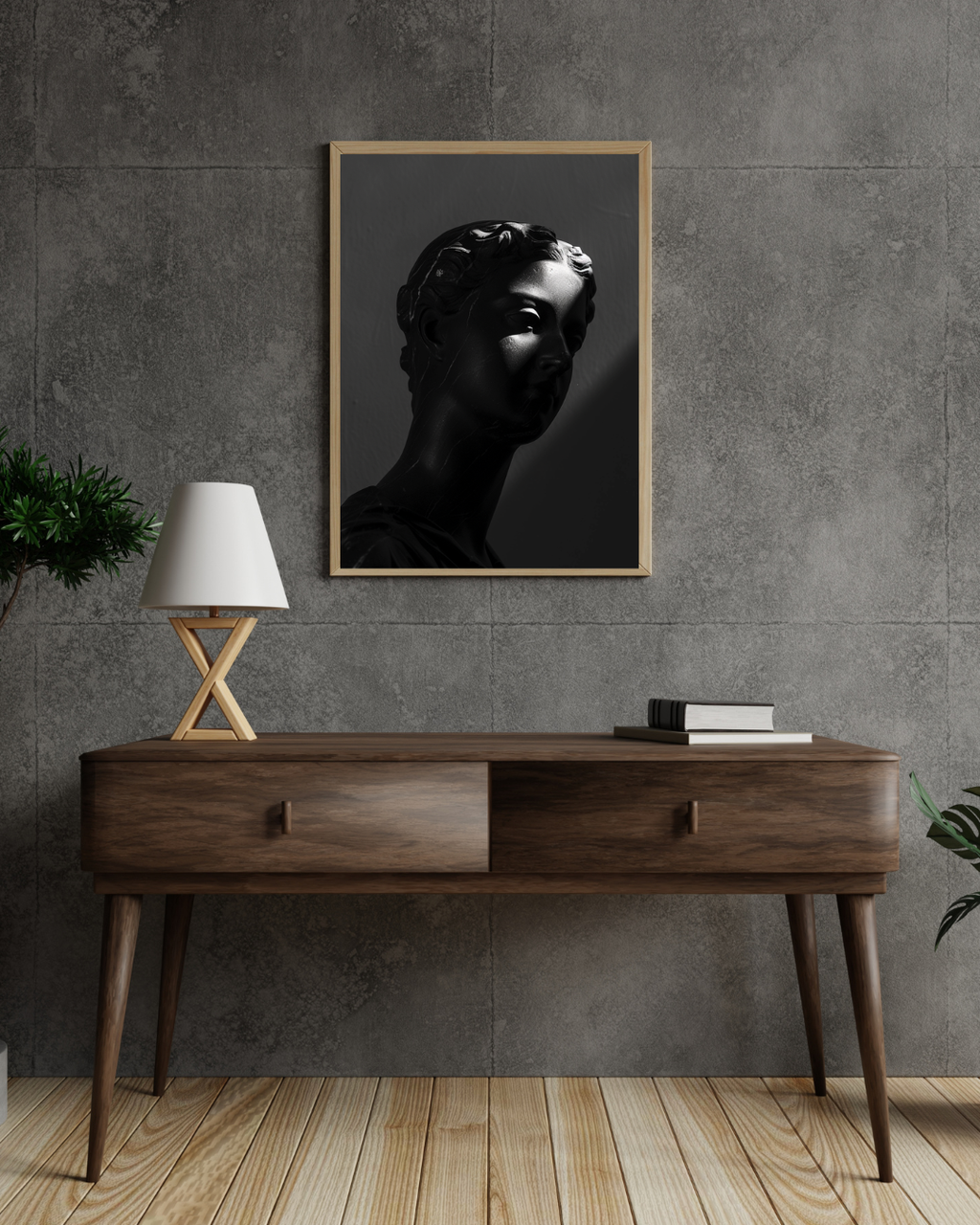 Marble bust poster i mörk konststil från Nordanio, minimalistisk väggdekor med grå nyanser och modern design.