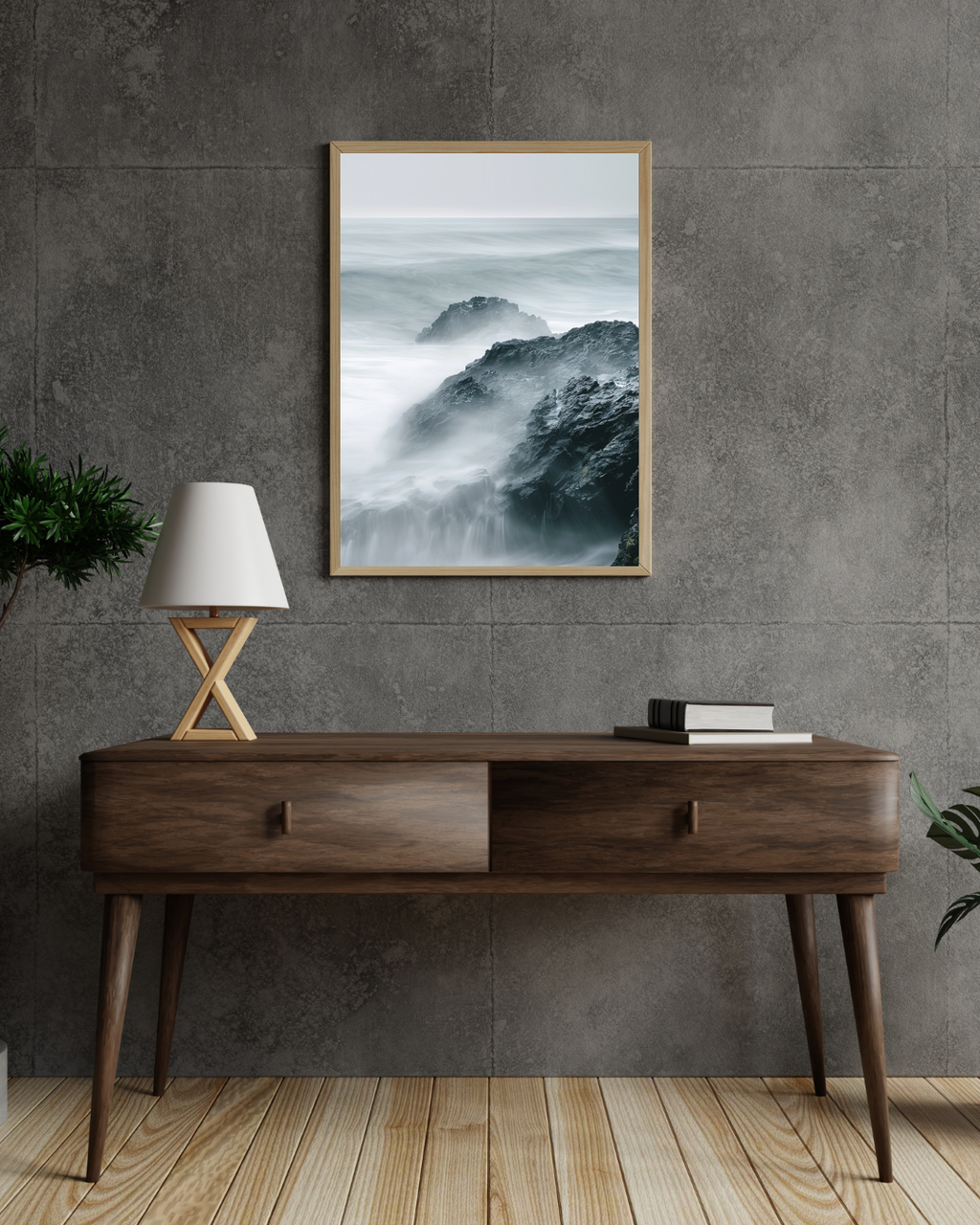 Nordanio Rocky Shore naturposter i grått minimalistiskt väggram, väggbild av klippor och hav i modern stil