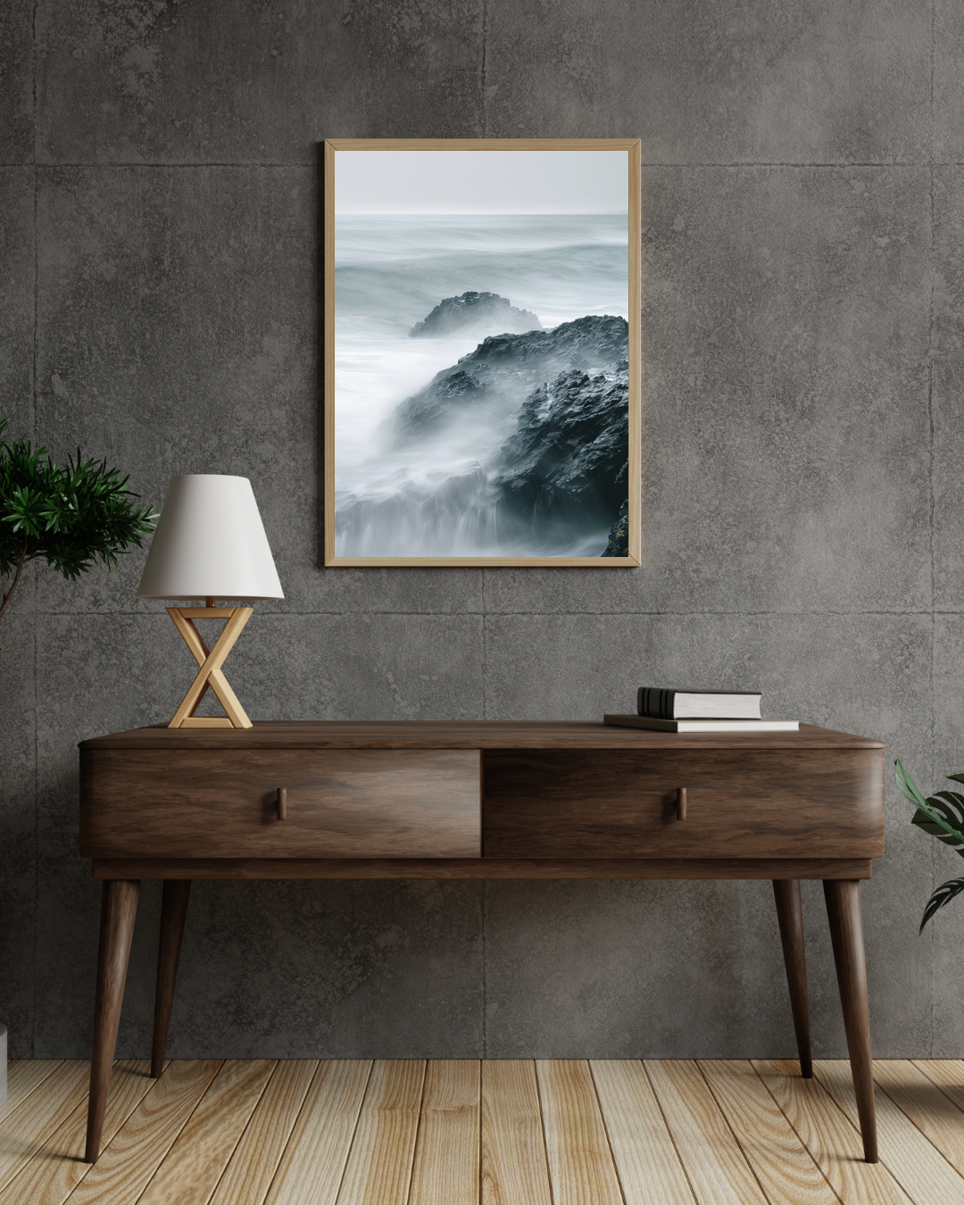 Nordanio Rocky Shore naturposter i grått minimalistiskt väggram, väggbild av klippor och hav i modern stil