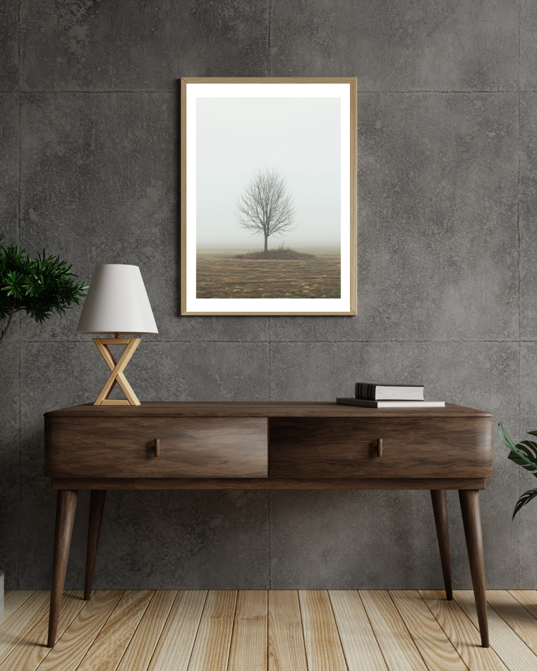 Väggposter med träd i dimma, modern minimalistisk naturposter från Nordanio, svartvit bild av skog i dimmigt landskap