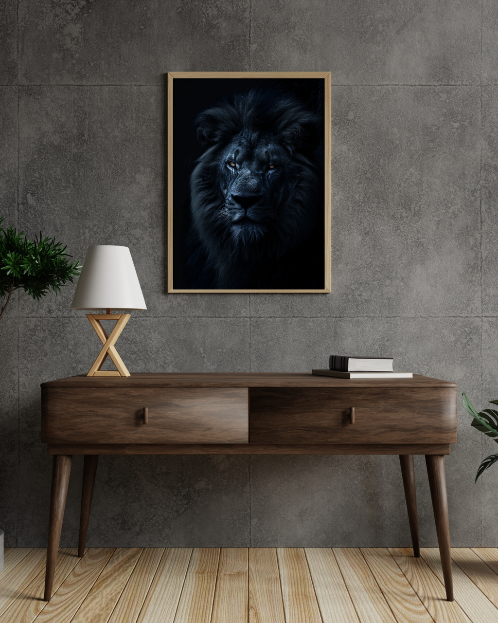 Mörk lejonposter av Nordanio, minimalistisk väggkonst i grå nyanser, som visas i en modern ram på vägg.