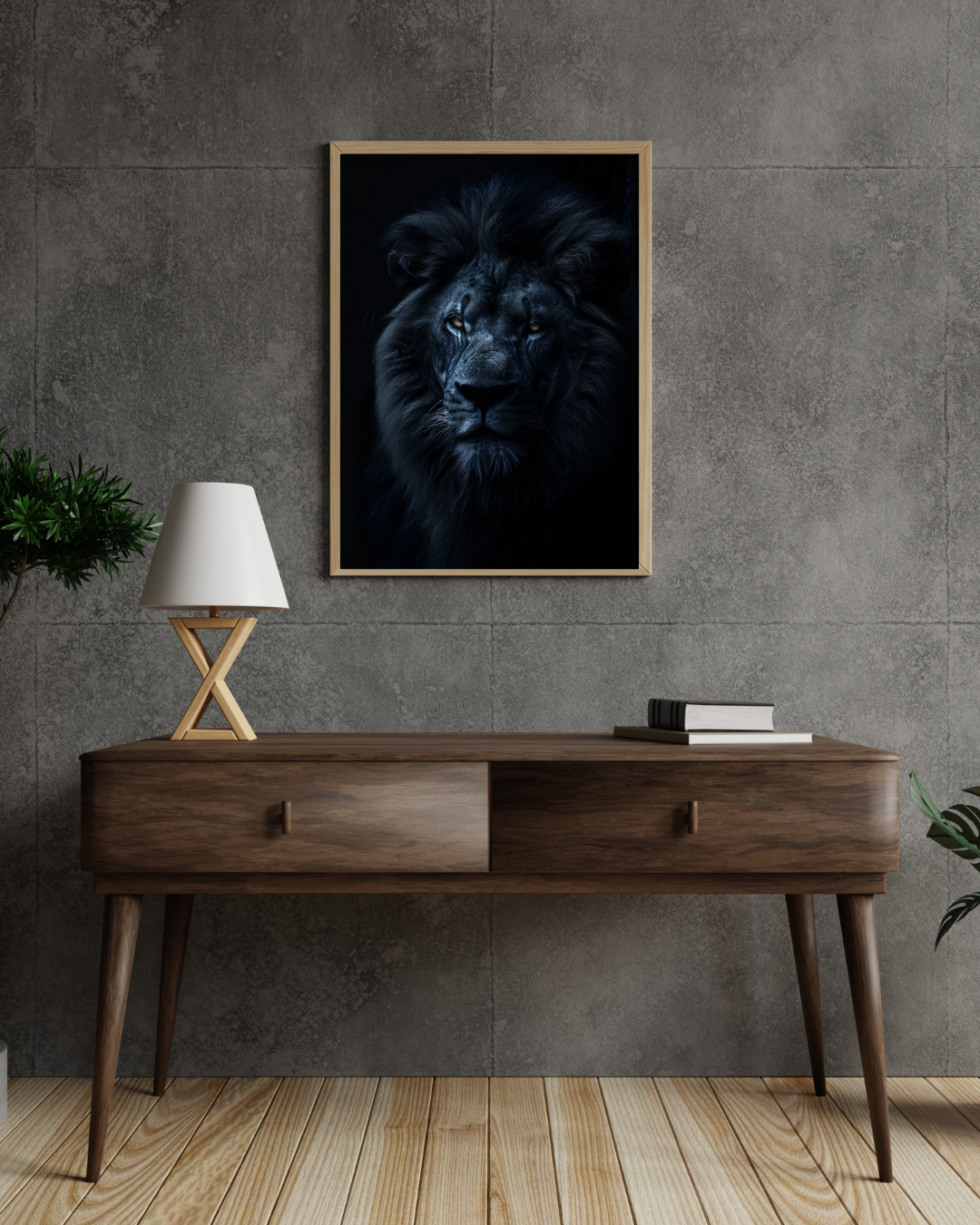 Mörk lejonposter av Nordanio, minimalistisk väggkonst i grå nyanser, som visas i en modern ram på vägg.
