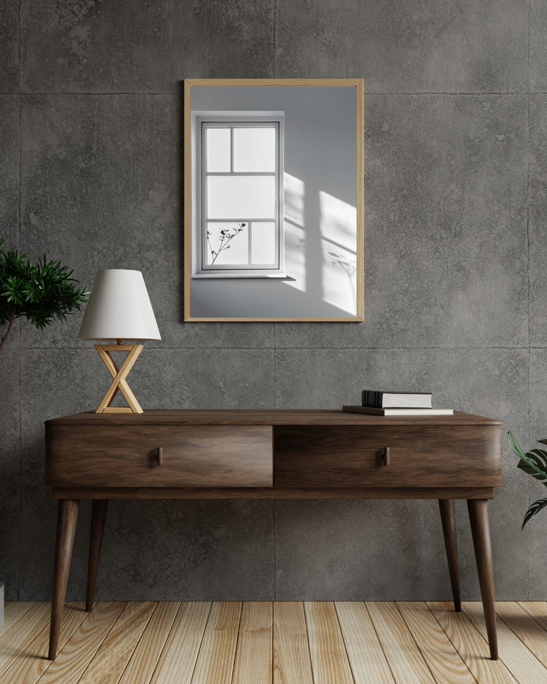 Svartvitt fönsterljusaffisch av Nordanio, minimalistisk väggposter i gråskalor, inramad och visad på vägg.